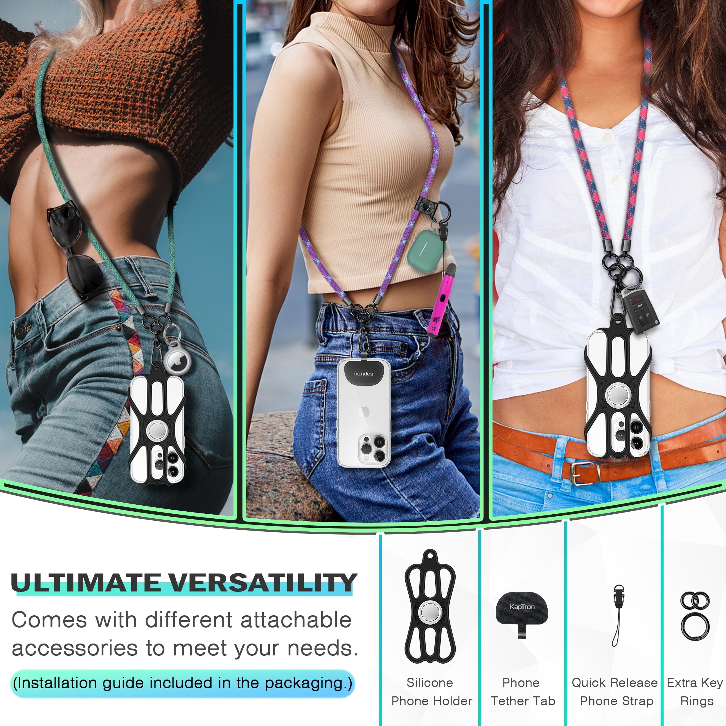 Kaptron Universal Adjustable Crossbody Phone Lanyard with Silicone Holder & Tethers - Hands-Free Phone Strap for Travel, Work, Shopping & Outdoor Activities