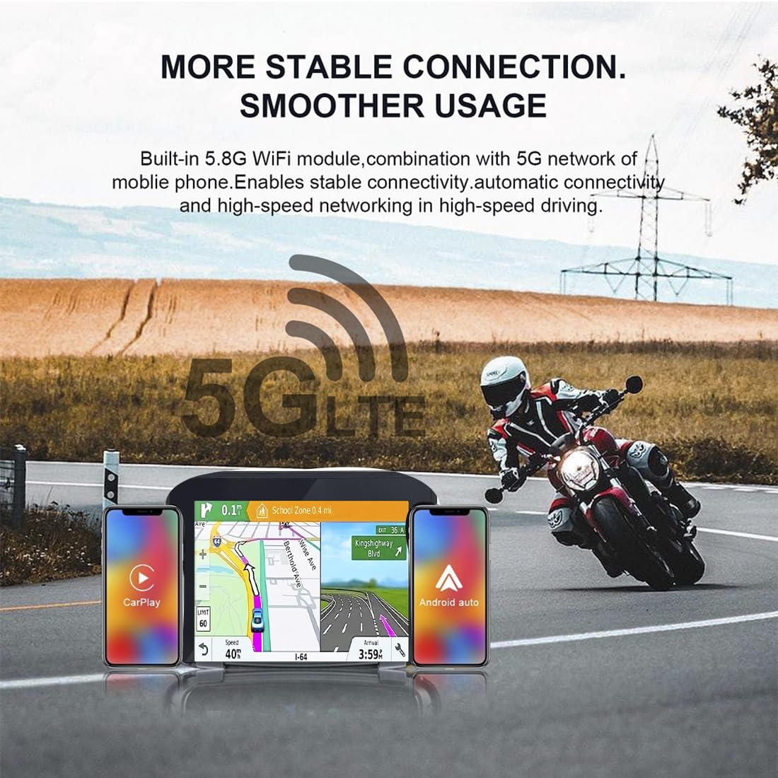 5-Inch Motorcycle GPS Navigator with Wireless CarPlay & Android Auto - 12-24V Waterproof IPX7 Touch Screen, Dual Bluetooth 5.0, WiFi, Built-in Speaker, Mini USB & TF Card Slot - Perfect for Adventure Riding, Commuting & Road Trips