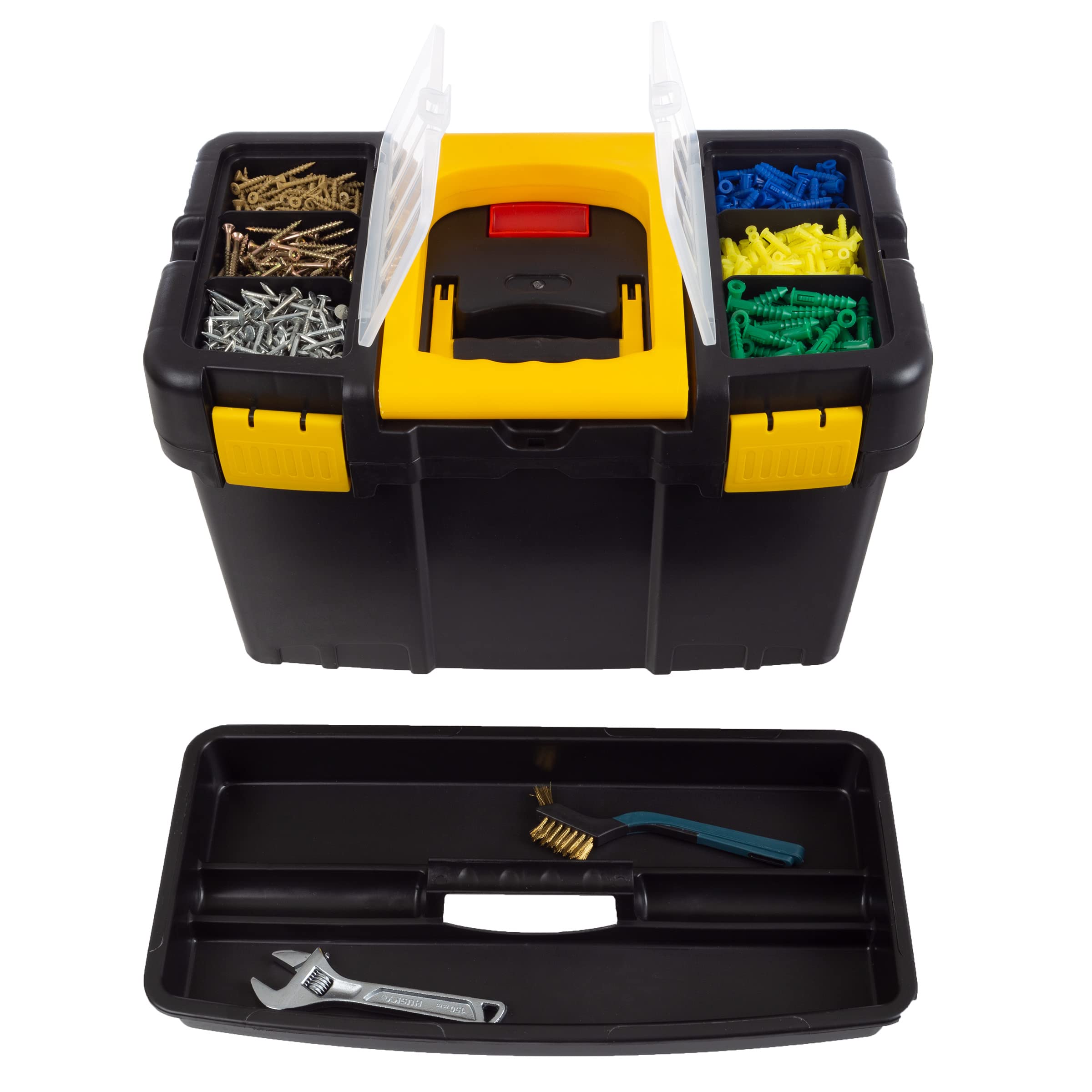 Stalwart 2-in-1 Portable Tool Box with Wheels - Stackable Tool Chest with Fold-Down Comfort Handles, Heavy-Duty Latches & Removable Storage Trays (Black/Yellow) - Perfect for Home Garage, Workshop & Job Site Organization