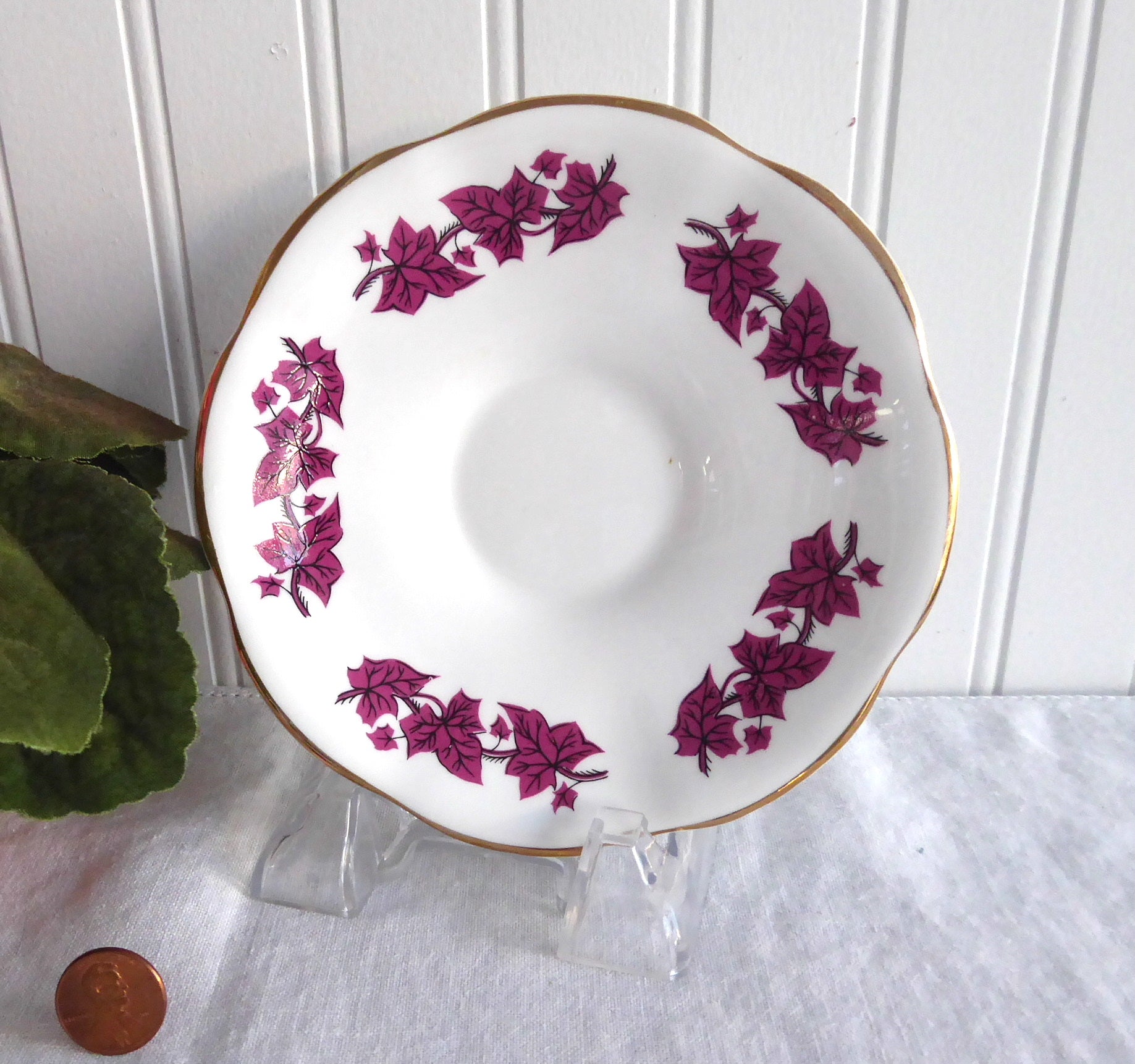 Vintage 1950s English Bone China Saucer - Purple Ivy Leaves by Clare England | Elegant Tea Time & Collectible Home Decor