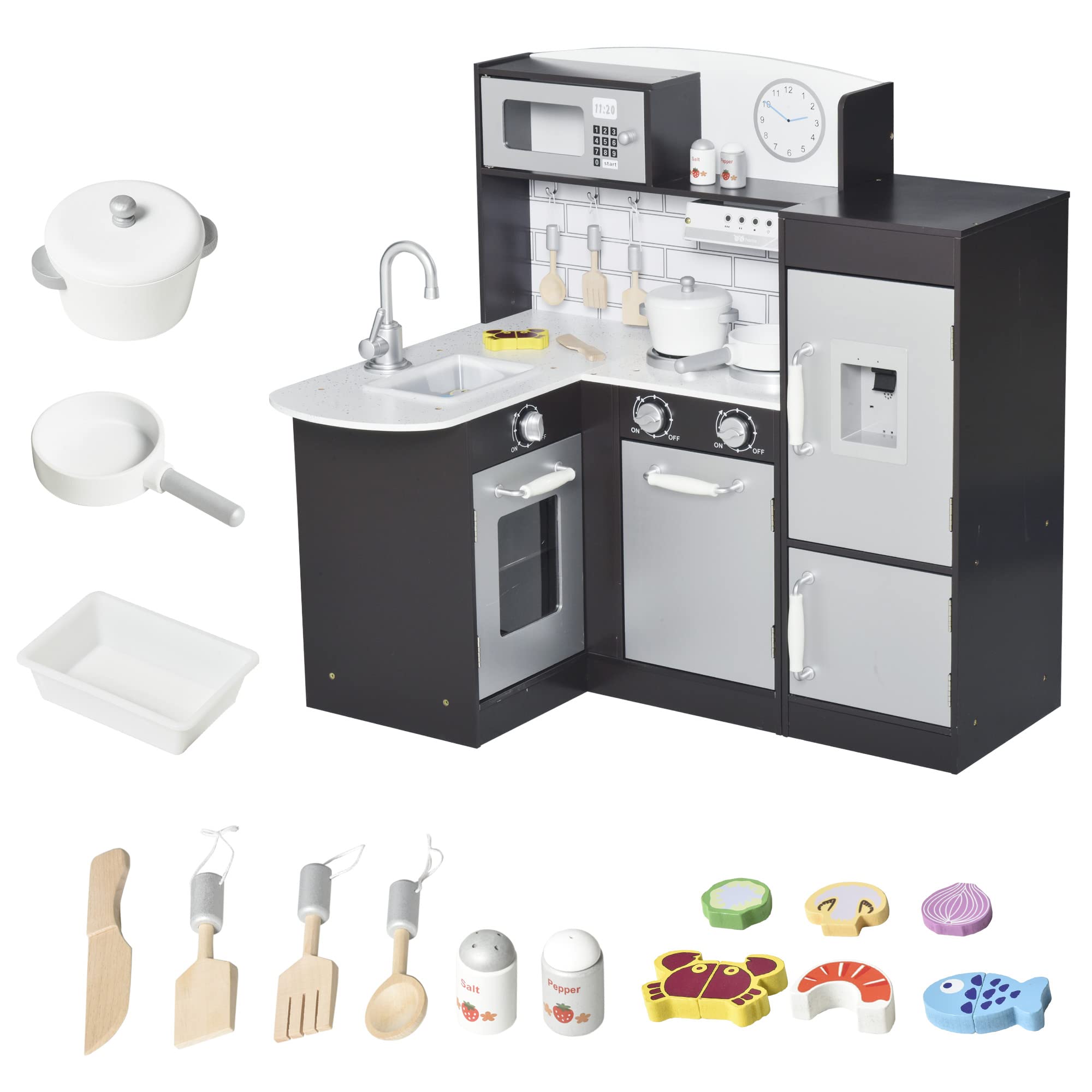 Qaba Corner Kids Wooden Kitchen Playset with Drinking Fountain, Microwave, Fridge & Accessories - Pretend Play Kitchen Toy for Ages 3+ - Perfect for Home, Preschool & Daycare Playrooms