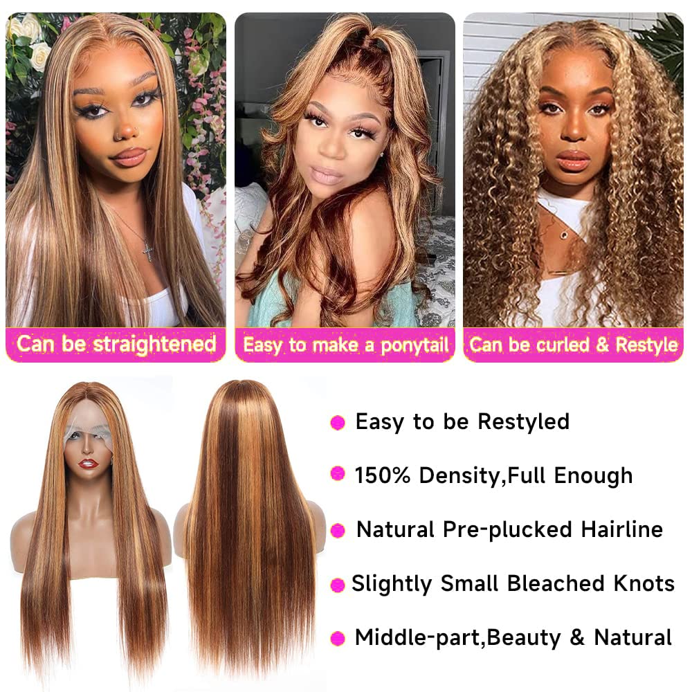 13x6x1 HD Lace Front Wig Human Hair Straight - Brazilian Virgin Hair 150% Density 4/27 Ombre Blonde - Pre Plucked with Baby Hair for Black Women (18 Inch) | Natural Look for Daily Wear, Parties & Special Occasions