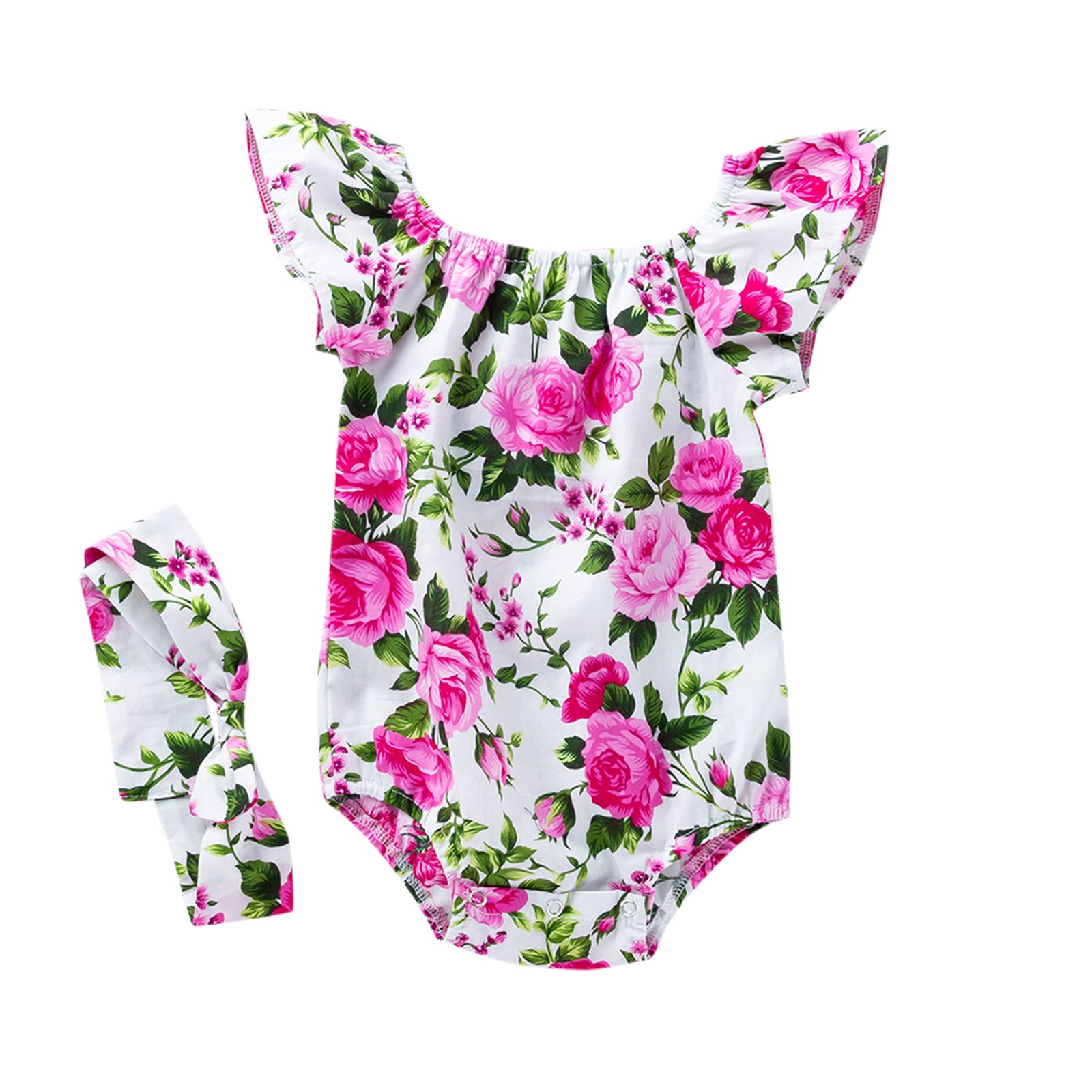**Baby Girl Floral Ruffle Romper & Headband Set - Cute Infant Jumpsuit Outfit (Hot Pink, 12-24 Months) - Perfect for Photoshoots, Birthday Parties & Special Occasions**