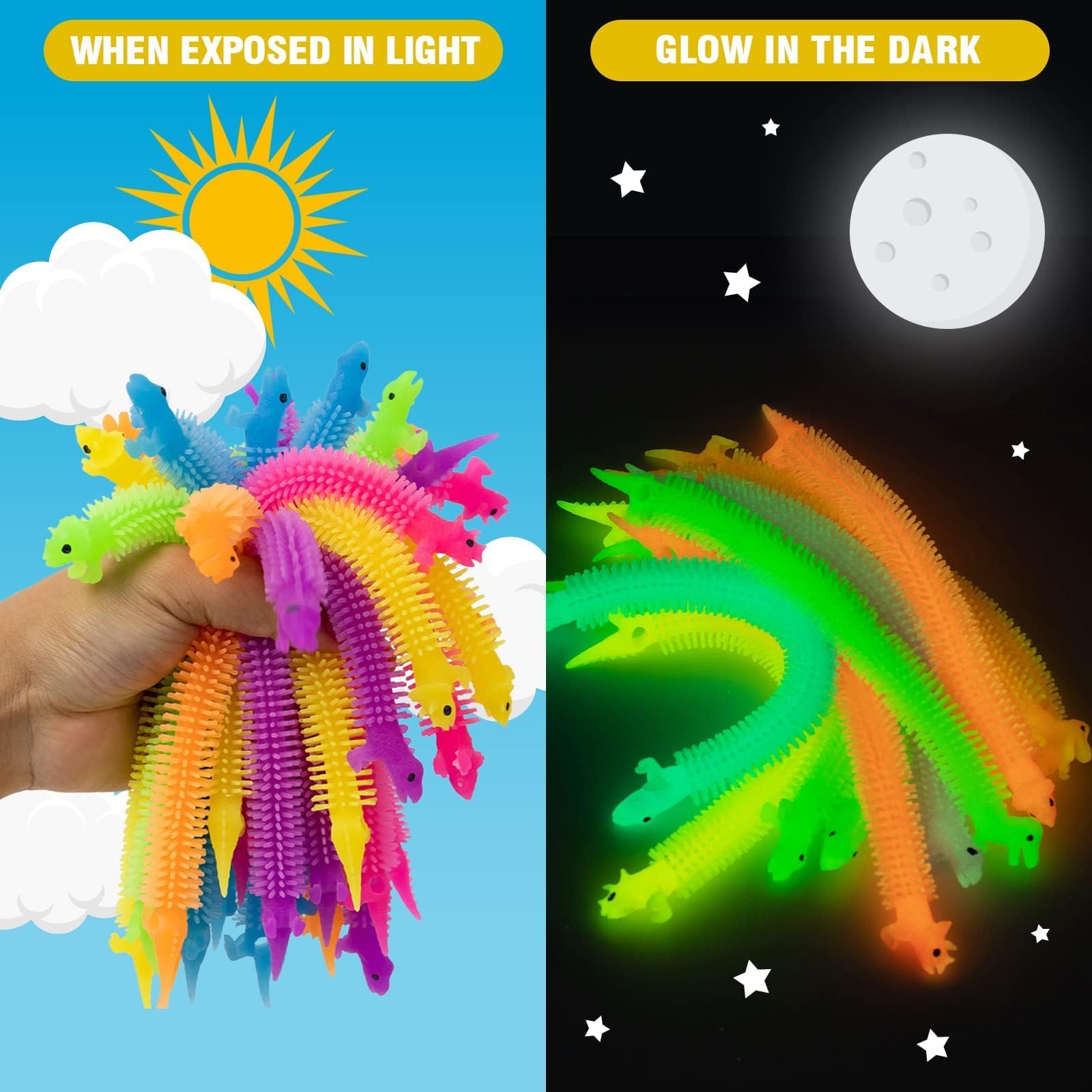 24 Pack Glow in The Dark Dinosaur Stretchy String Toys - Valentine's Day Classroom Exchange Gifts for Kids, Toddlers, Boys & Girls | Fun Party Favors & School Celebration Treats