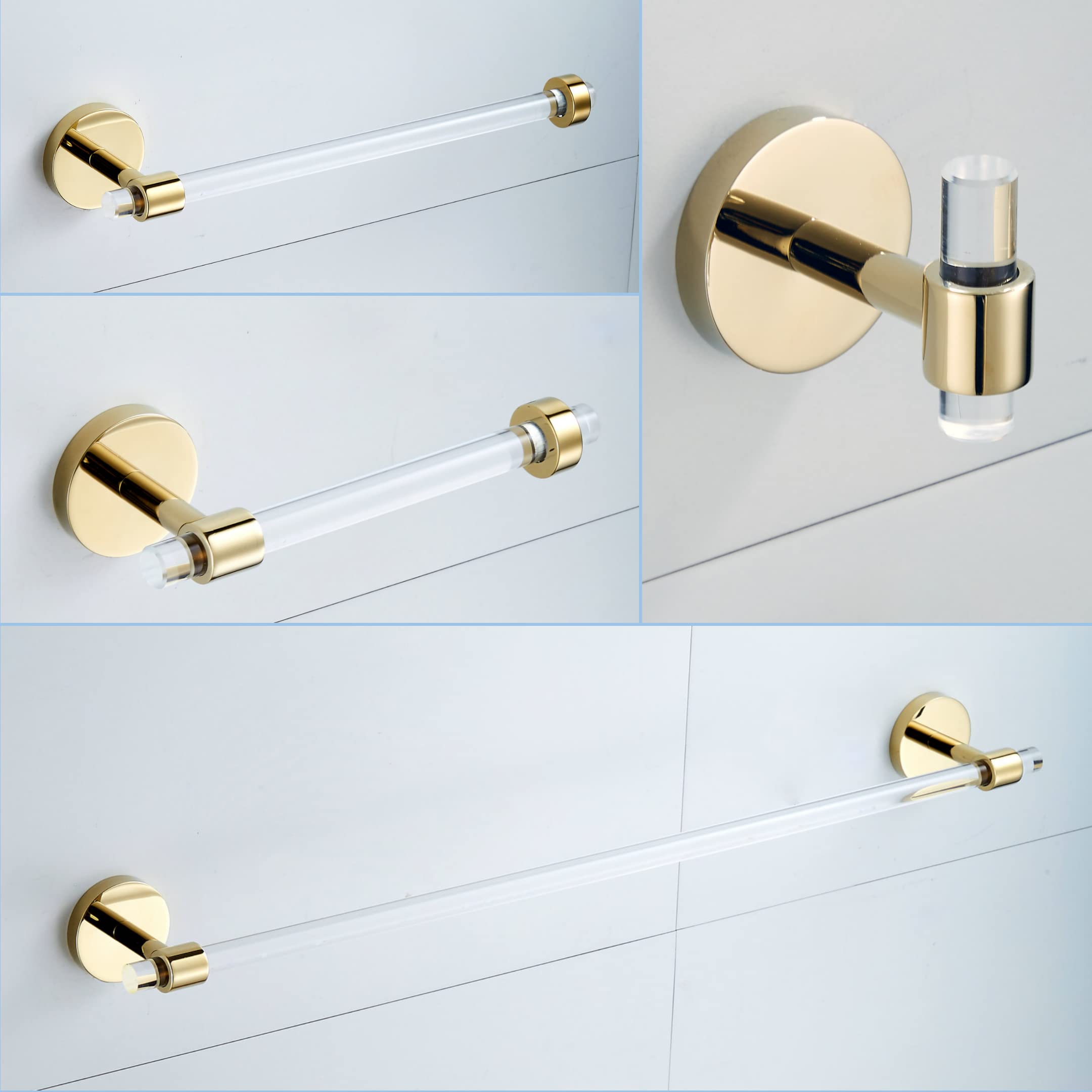 Premium Acrylic Gold Bathroom Hardware Set - 4-Piece Wall Mounted Towel Bar, Towel Rack & Toilet Paper Holder - Modern Bathroom Accessories for Luxury Homes & Spa Retreats