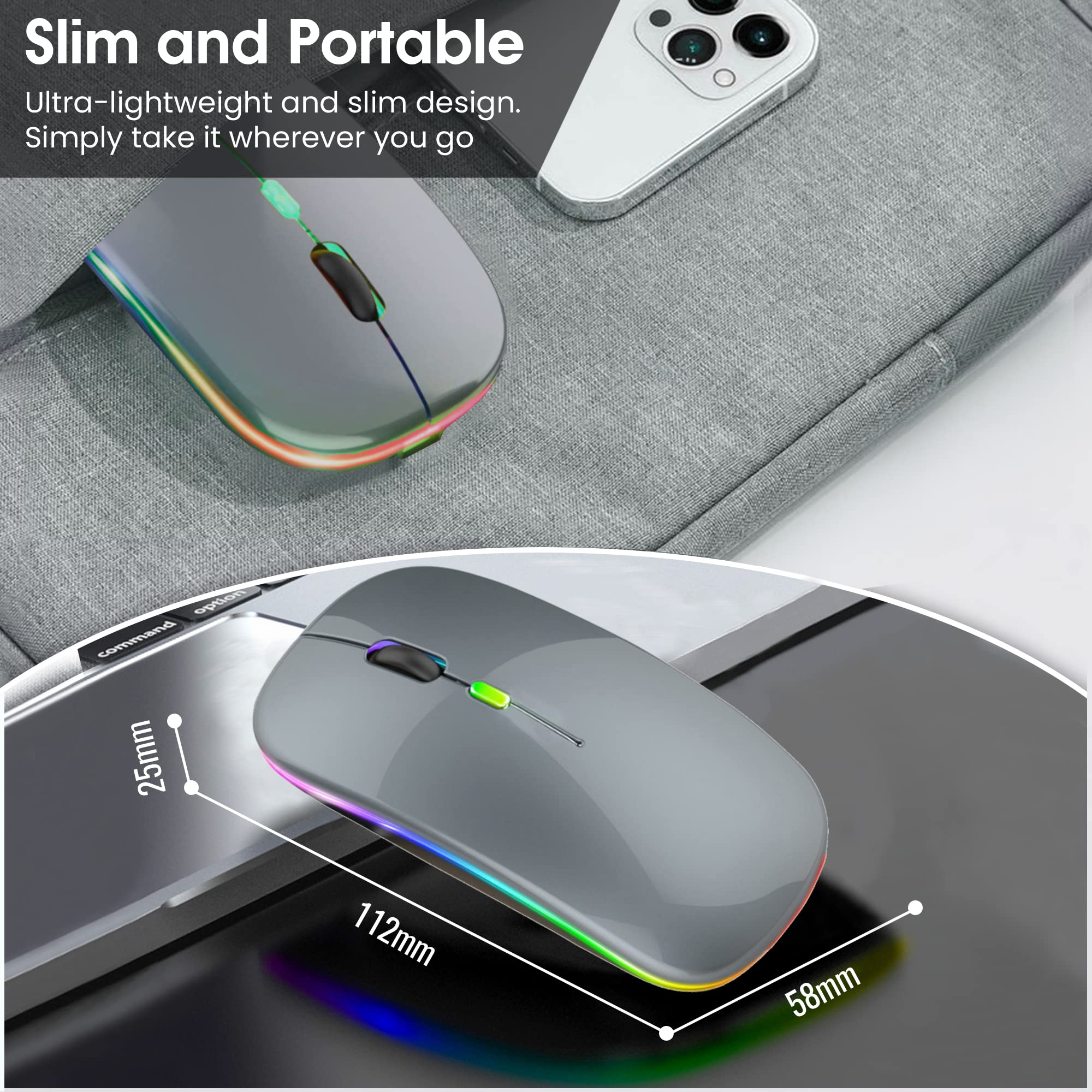 Wireless LED Mouse - Slim Rechargeable Silent Optical Mouse with USB Receiver | 2.4G Cordless Computer Mouse for Laptop, PC, Mac (Dark Grey) | Perfect for Office, Home & Travel Use