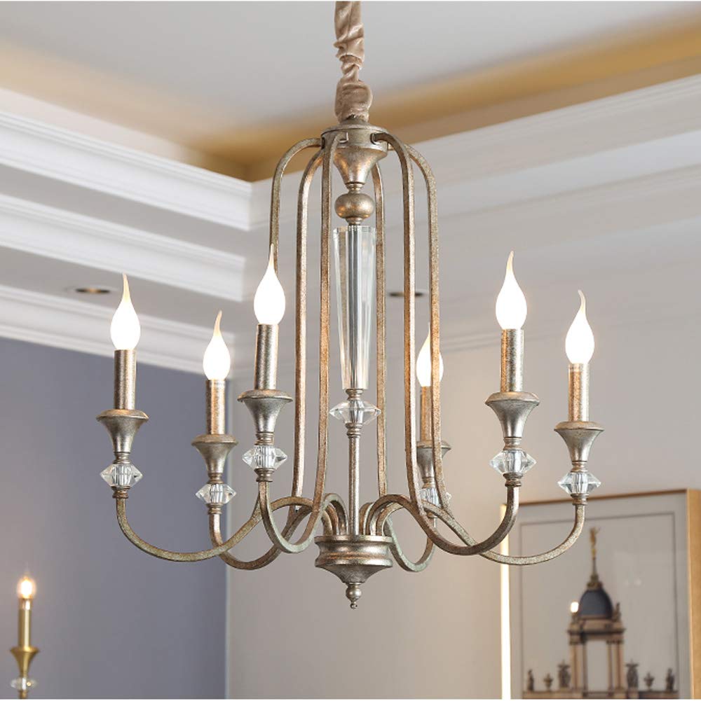 Siljoy Rustic Iron Chandelier - Farmhouse Traditional Candle Style Crystal Lighting Fixture for Dining Room, Kitchen Island & Living Room | Chrome Finish | Perfect for Country Home Decor & Cozy Ambiance