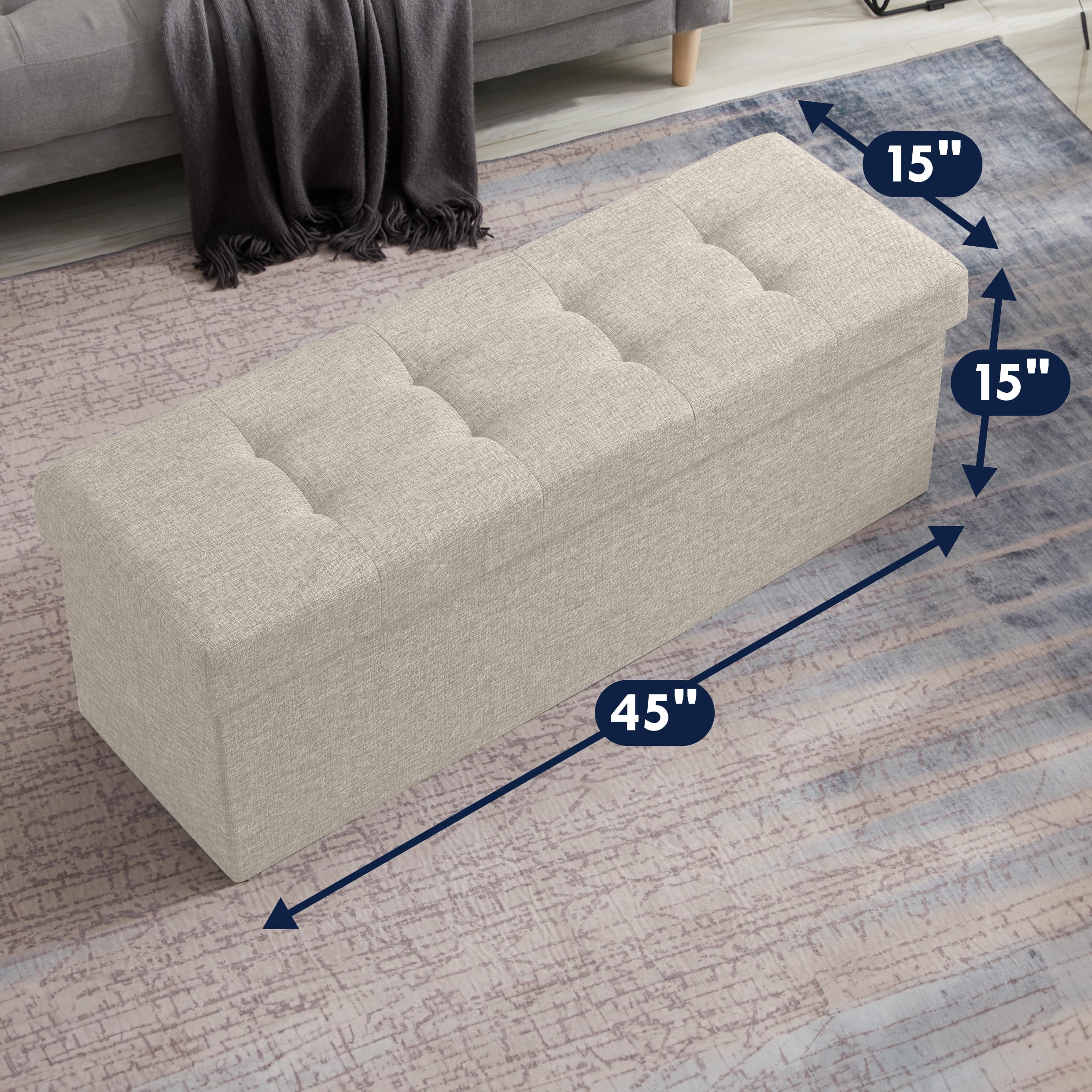 Ornavo Home 45 Inch Folding Storage Ottoman Bench with Removable Top - Large Foot Rest Stool, Multi-Functional Chest for Living Room, Bedroom & Entryway (Beige) | Perfect for Extra Seating, Blanket Storage & Home Organization