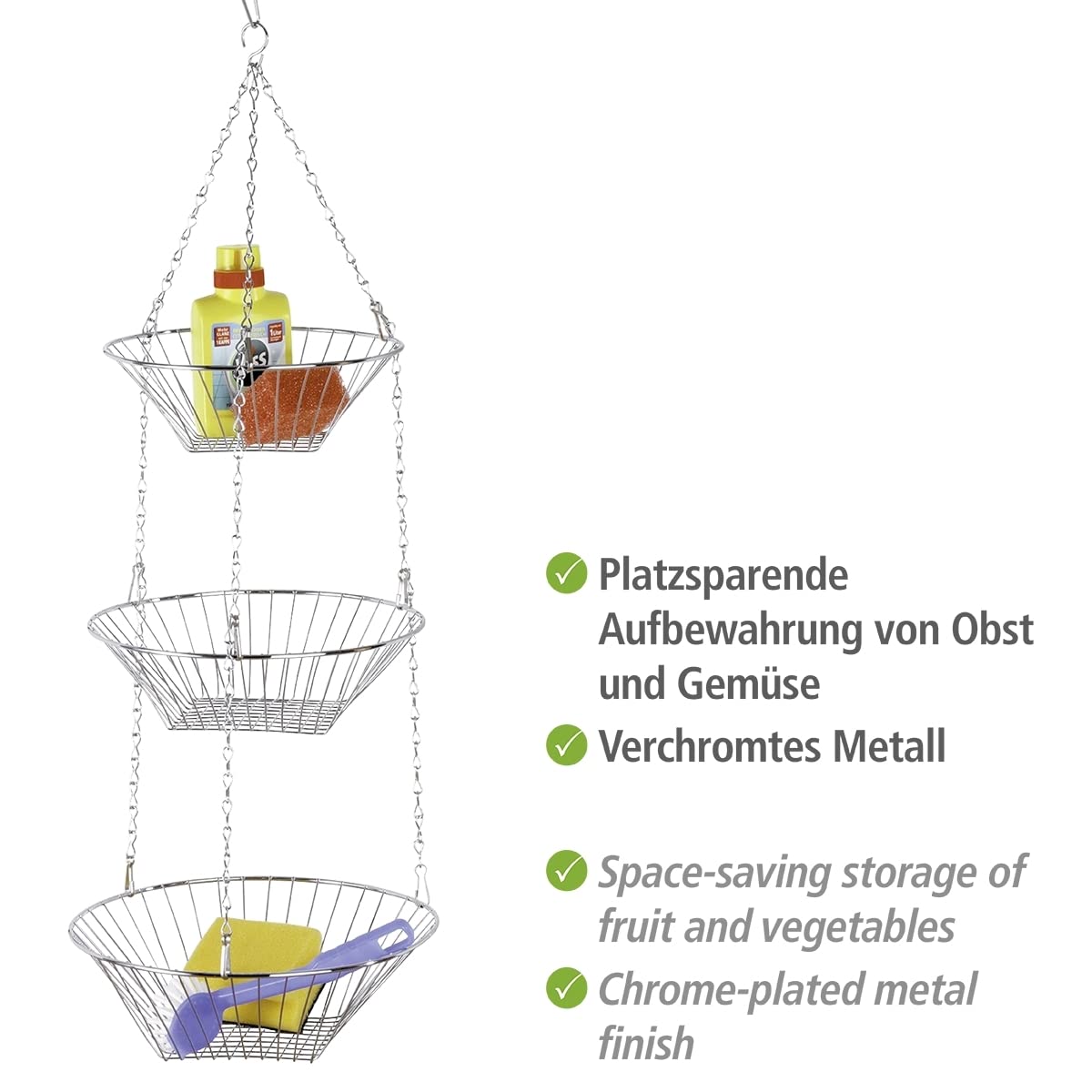 WENKO 2307100 Chrome Plated Metal Kitchen Hanging Basket Trio - Set of 3 Storage Baskets with Hooks, 28 x 10 x 28 cm, Silver Shiny - Perfect for Organizing Spices, Utensils & Produce in Small Kitchens
