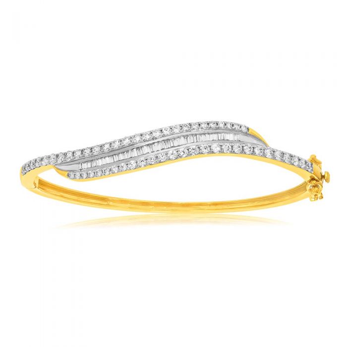 9ct Yellow Gold 2 Carat Diamond Bangle with Brilliant & Tapered Baguette Diamonds | Elegant Wedding Jewelry, Anniversary Gift for Her, Luxury Bracelet for Special Occasions