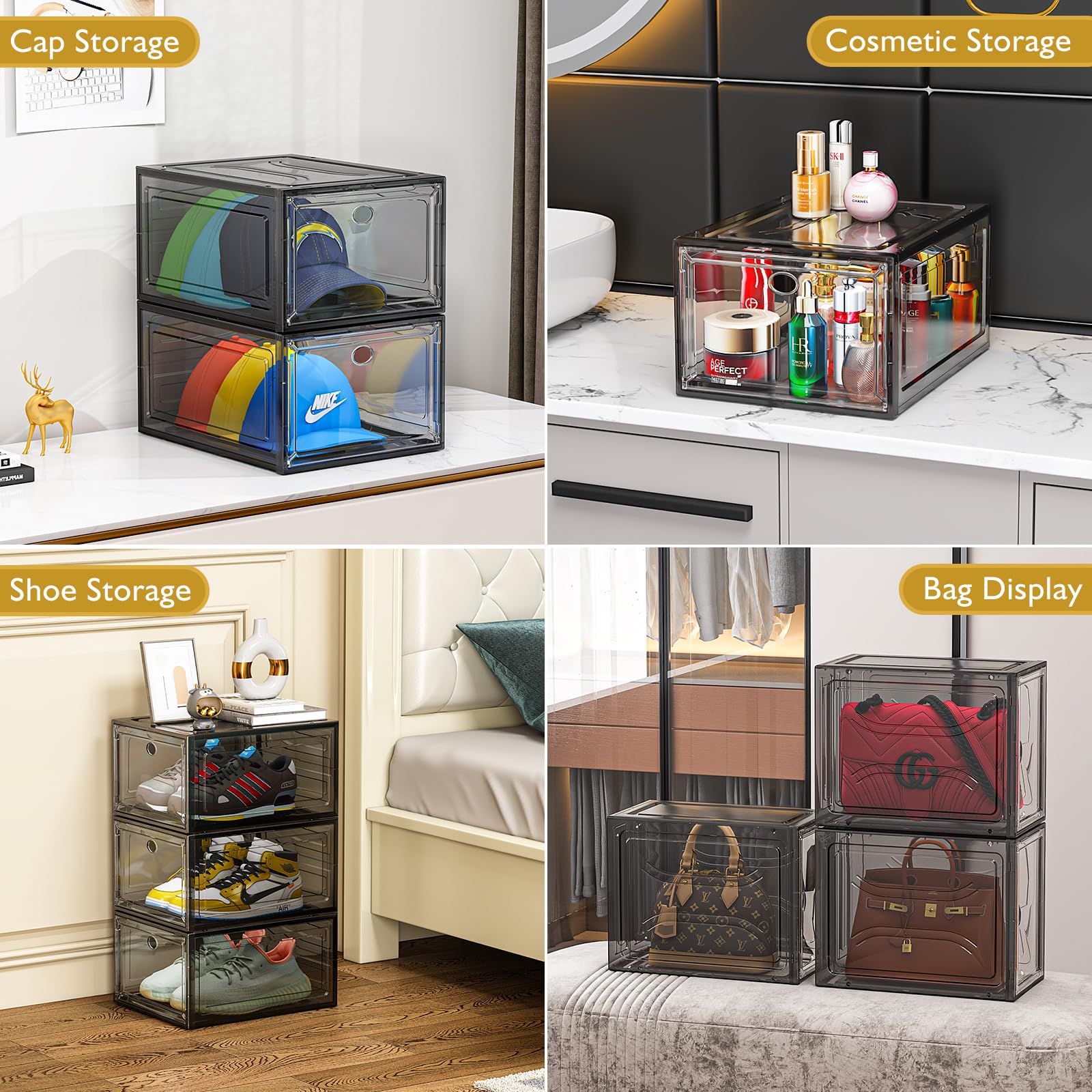 Thick & Sturdy Clear Shoe Storage Organizer with Magnetic Door - Stackable Plastic Shoe Boxes for Closet, Foldable Shoe Rack for Sneakers & Boots - 6-Pack Black Shoe Cabinet Organizer | Perfect for Bedroom, Entryway & Walk-in Closet Organization