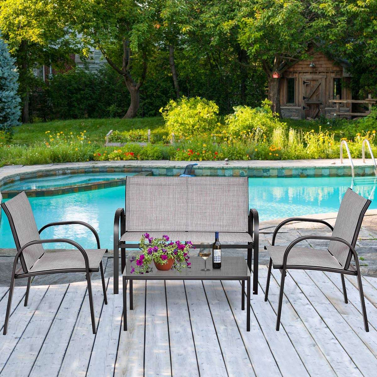 4-Piece Modern Patio Furniture Set with Metal Frame, Loveseat & Tempered Glass Table - Outdoor Conversation Set for Yard, Garden, Poolside, Backyard (Grey) HY-022 | Perfect for Relaxing, Entertaining & Outdoor Dining