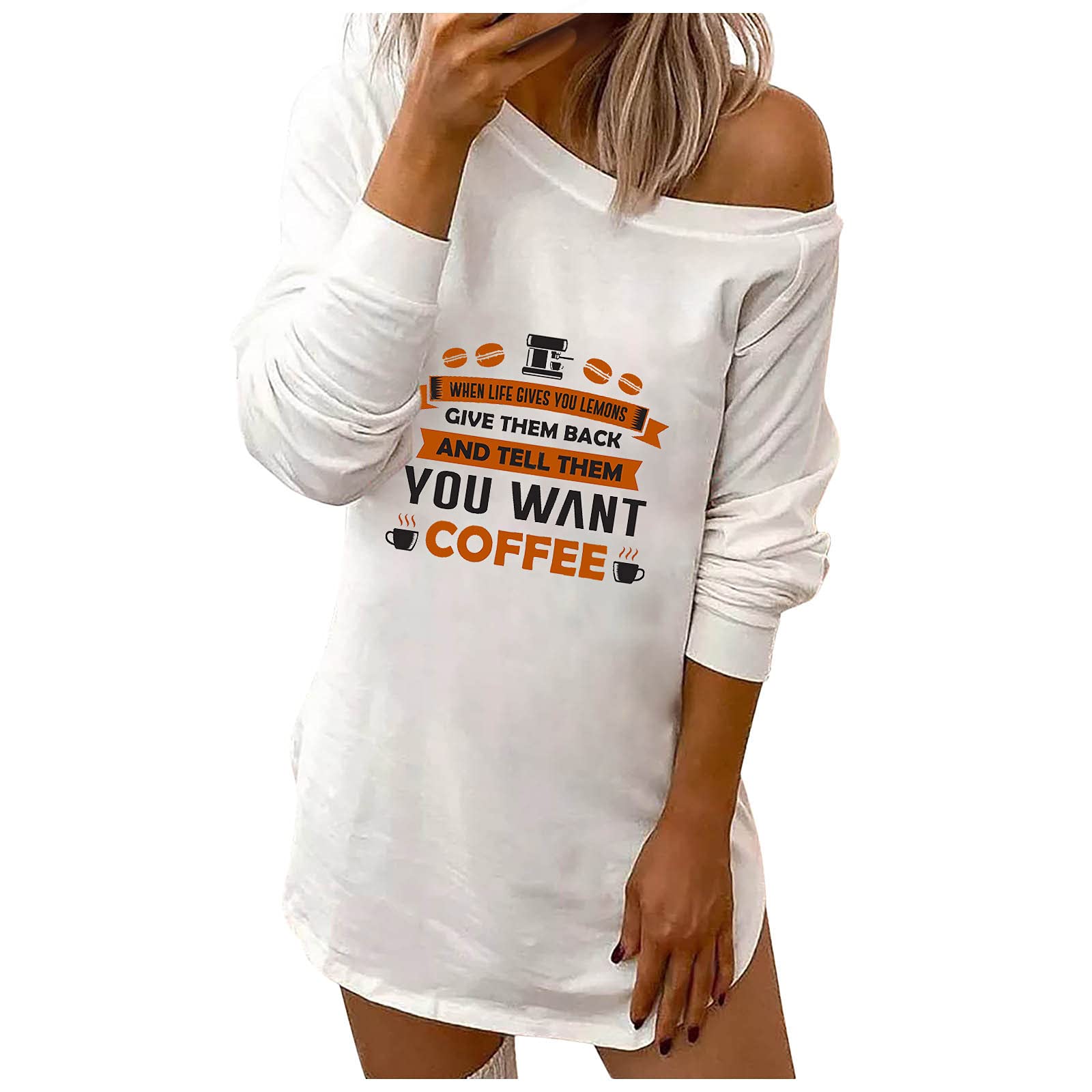 Women's White Letter Printed Crewneck Long Sleeve A-Line Mini Tunic Dress - Casual Fall T-Shirt Dress for Everyday Wear, Date Night & Office Outfits