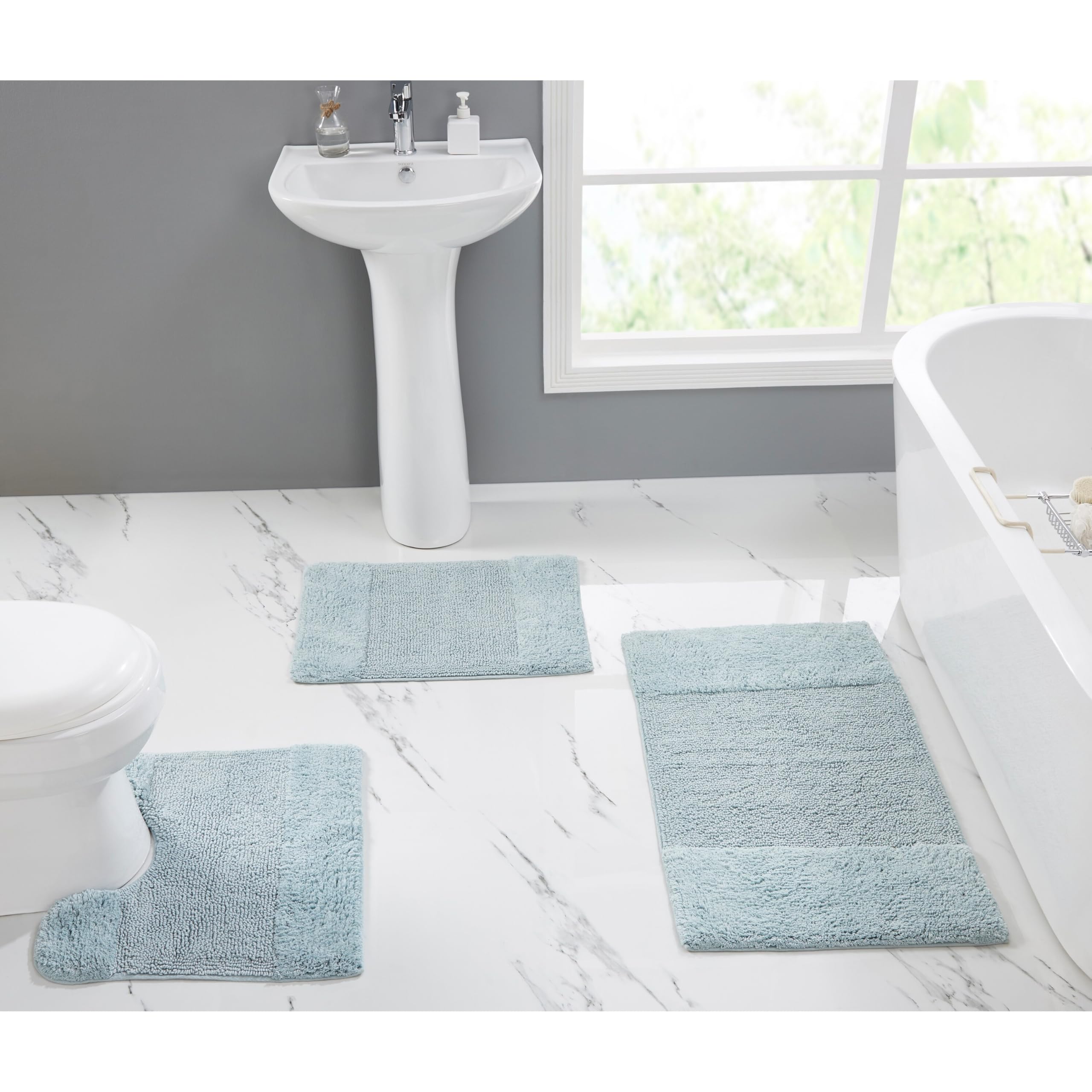 Premium 3-Piece Cotton Bathroom Rug Set - Non-Slip, Washable & Super Absorbent Bath Mats for Bathroom, Shower & Bathtub - Soft Blue Granada Collection - Perfect for Spa-Like Luxury at Home