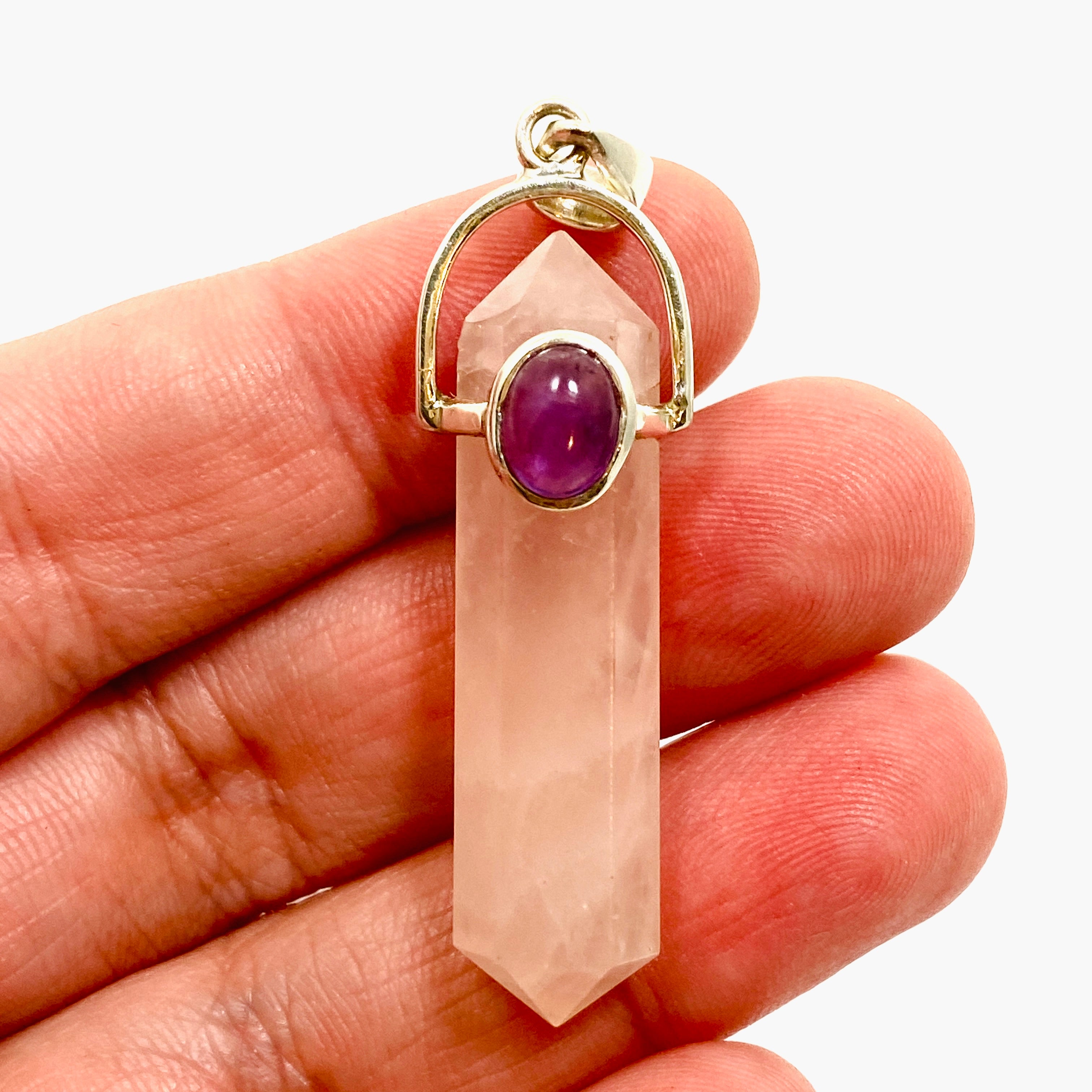 Natural Rose Quartz Double Point Pendant Necklace with Amethyst Accent Stone - PPGJ1023 | Healing Crystal Jewelry for Meditation, Energy Balancing & Spiritual Gifts