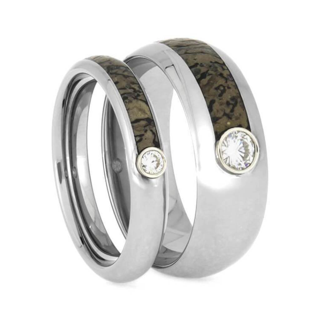 Forever One Moissanite & Dinosaur Bone Titanium Wedding Band Set for Him and Her - Comfort Fit Rings for Anniversary, Engagement & Couple Jewelry Gifts