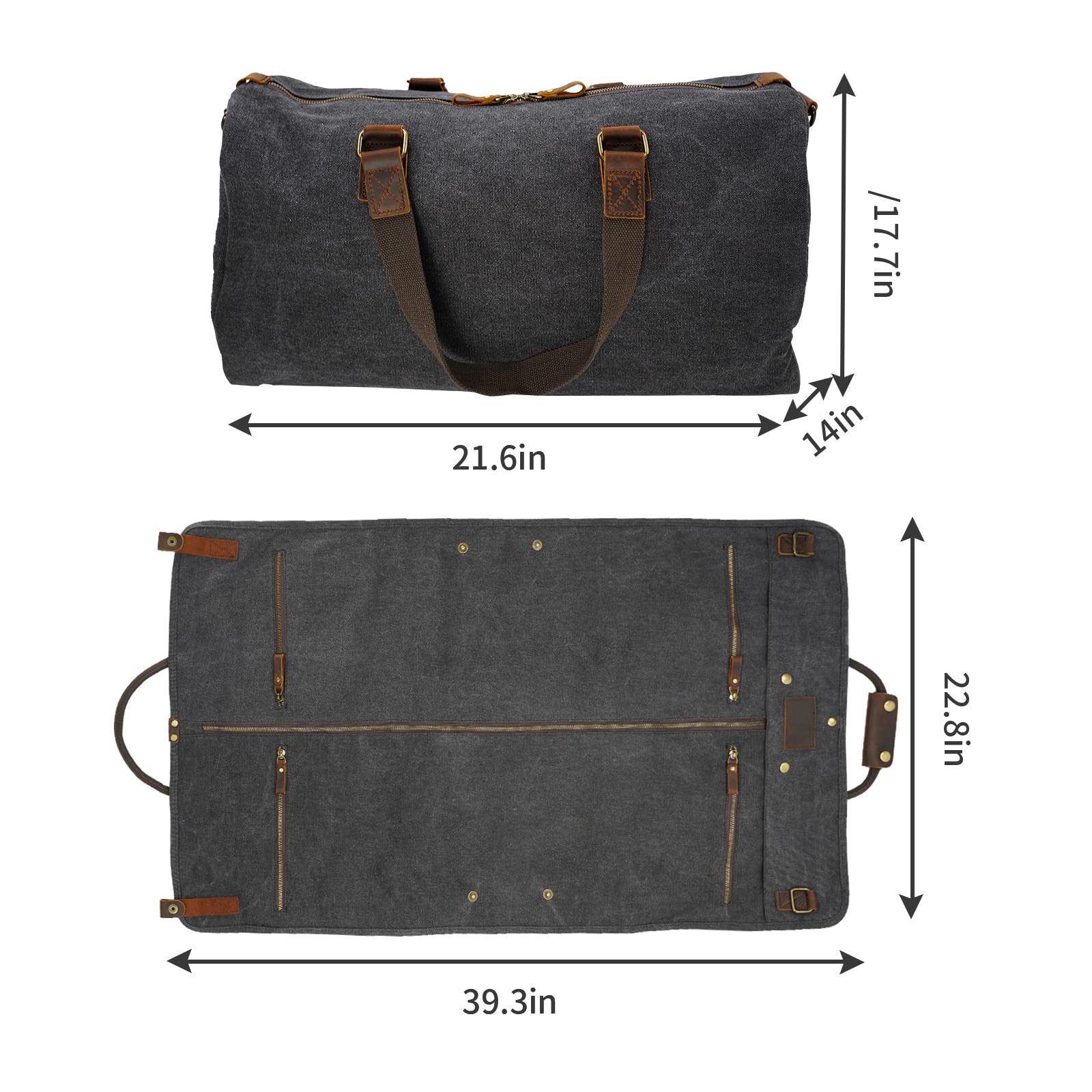 2 in 1 Canvas Leather Suit Luggage Garment Bag with Adjustable Shoulder Strap - Durable Travel & Business Carry-On for Men & Women (Black) - Perfect for Airplane, Office & Formal Events