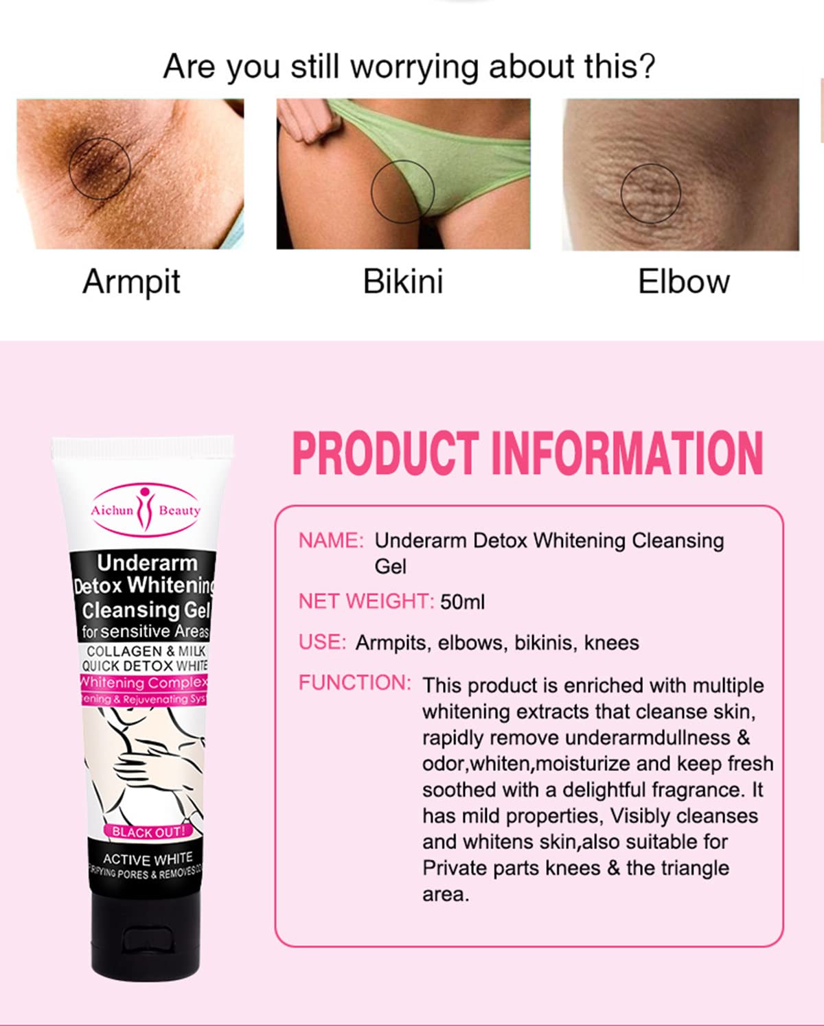 AICHUN BEAUTY Underarm & Knees Detox Cleansing Gel - Sensitive Skin Care, Collagen Enriched, Pore Purifier, Odor Eliminator (50ml) - Perfect for Post-Workout Refresh & Intimate Area Hygiene