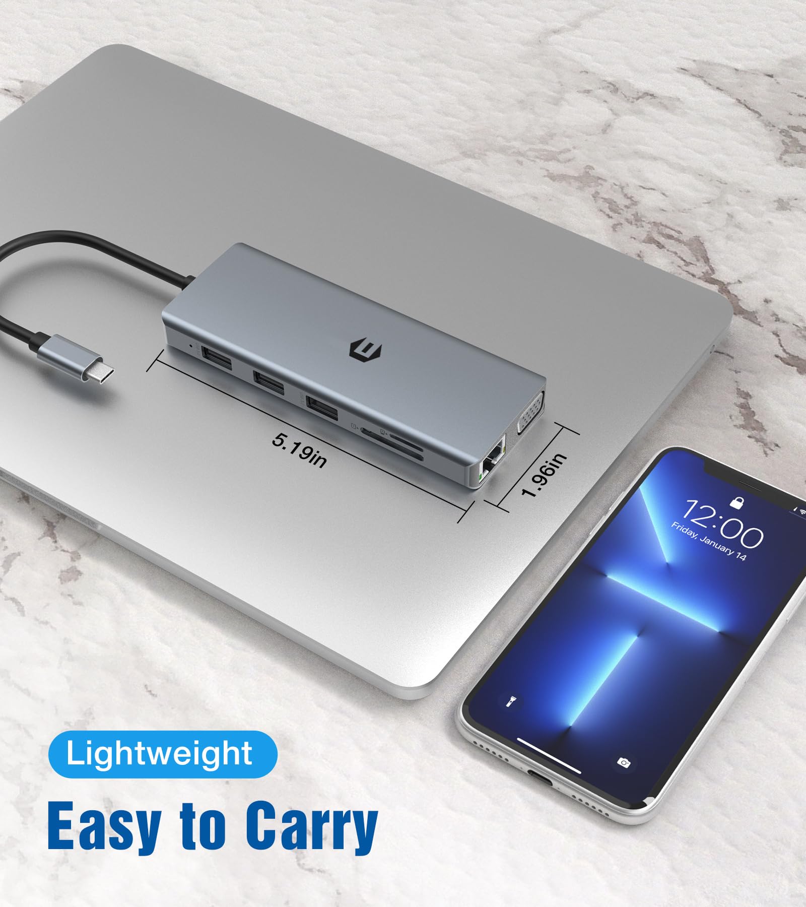 12-in-1 USB C Hub Adapter with Triple Display, 100W PD Charging, 2 HDMI/VGA, 4 USB Ports, Ethernet & Card Readers - Compatible with MacBook, Laptop, PC for Home Office, Gaming & Multimedia