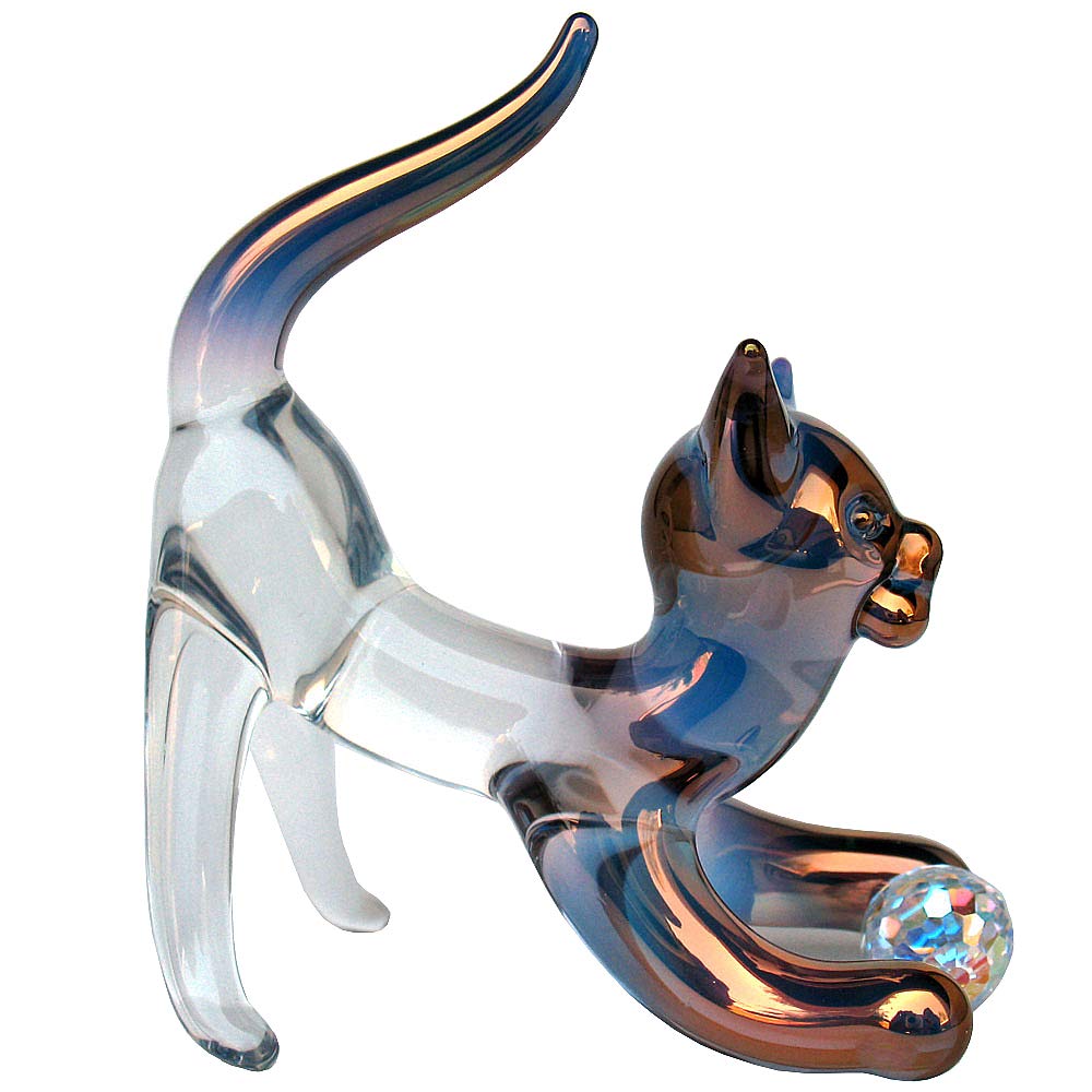 Hand Blown Glass Cat Figurine with Swarovski Crystals - Elegant Home Decor & Gift for Cat Lovers - Perfect for Shelves, Desks, and Collectible Displays