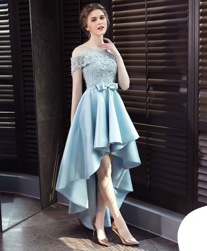 Elegant Light Blue Satin Lace Prom Dress | Blue Lace Evening Gown for Women | Perfect for Homecoming, Formal Dances & Special Occasions