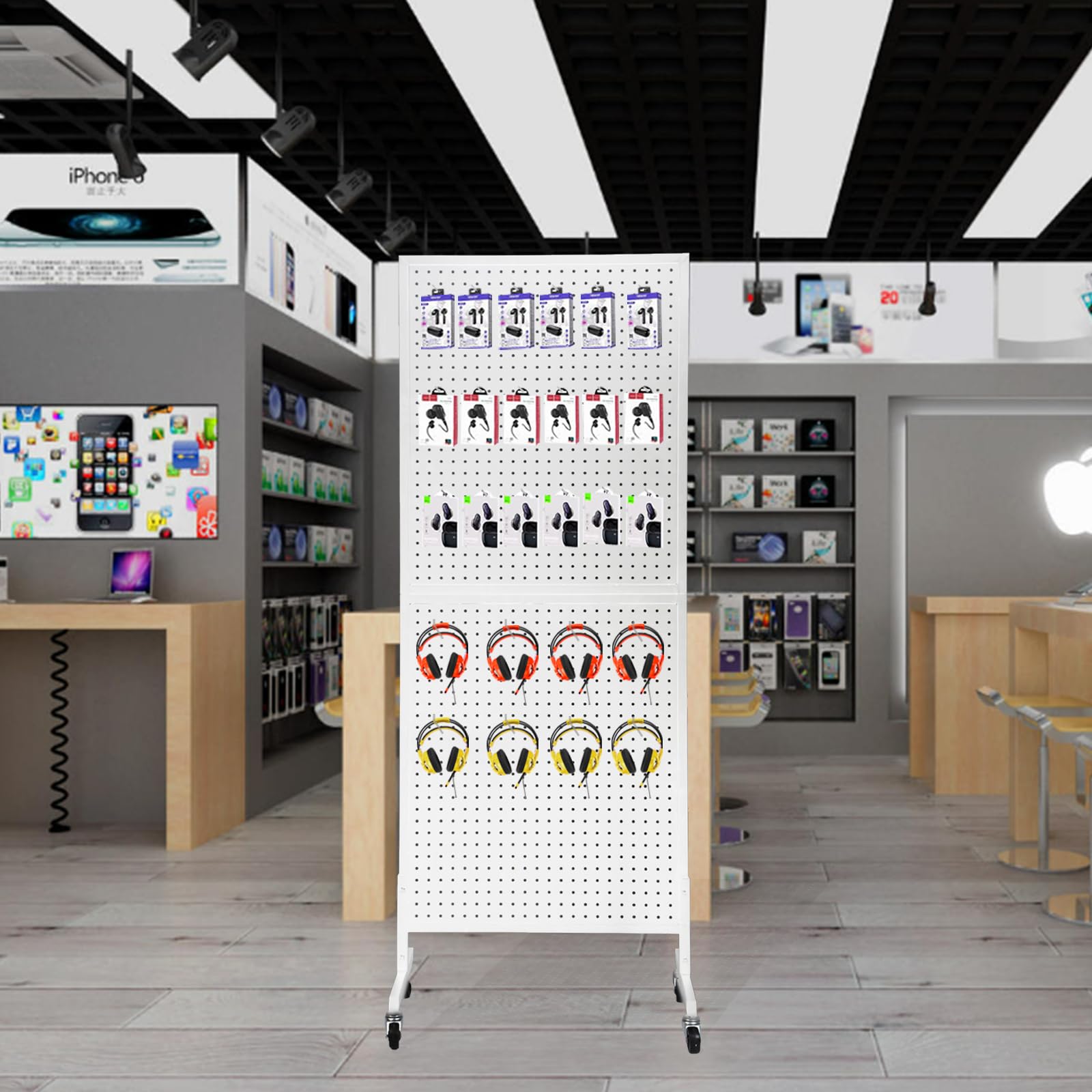 2'x5' Metal Pegboard Display Stand with 30 Hooks & Wheels - White | Wall Mount or Freestanding Retail Display Rack for Store Organization, Workshop Tools & Home Garage Storage