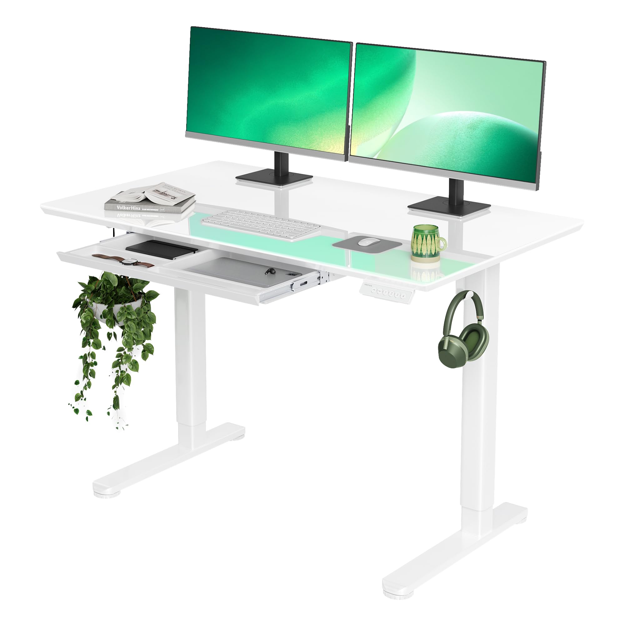 48×24 Inch Adjustable Height Glass Standing Desk with Drawers - Quick Assembly Home Office Computer Desk (White) - Perfect for Remote Work, Gaming & Small Space Workstations