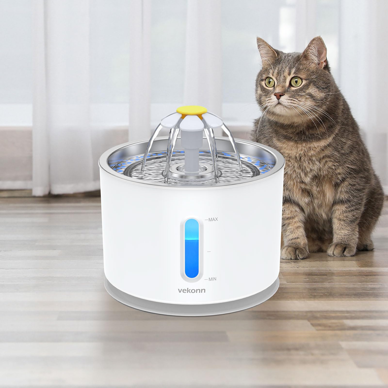 Stainless Steel Cat Water Fountain 2.4L - LED Pet Fountain with Water Level Window for Small Dogs & Cats | Quiet Automatic Water Dispenser for Home, Office, or Bedroom Use