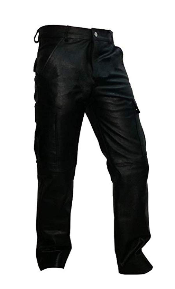 Men's Real Black Cow Leather Cargo Pants - 6 Pocket Utility Jeans with Full Lining | Durable Workwear & Outdoor Adventure Pants