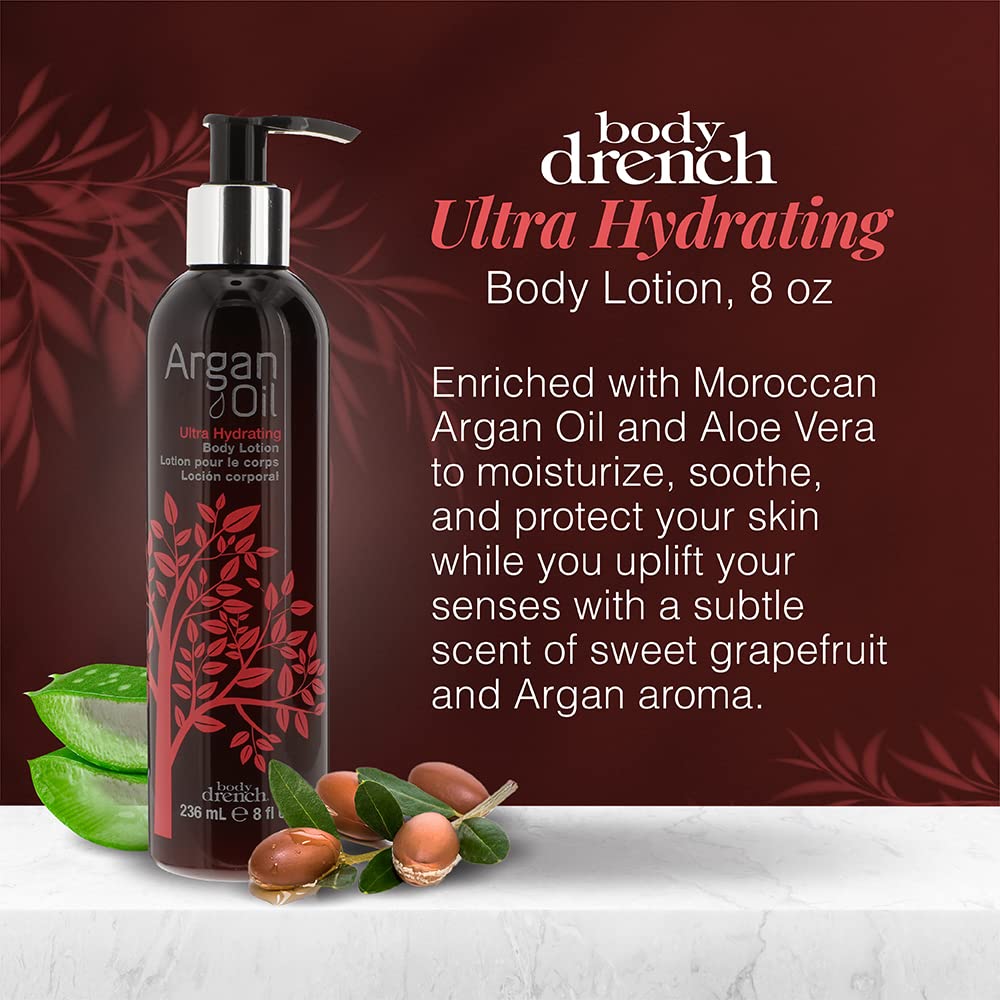 Body Drench Argan Oil Skin Moisturizer - Ultra Hydrating Body Lotion for Dry Skin | Non-Greasy Lightweight Formula | Skin Softening & Nourishing | 8 fl oz | Perfect for Daily Hydration & After-Shower Care