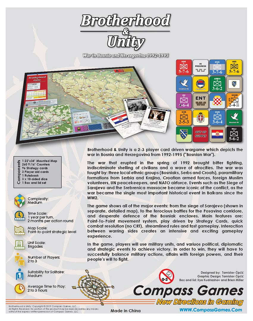 Brotherhood & Unity - War in Bosnia and Herzegovina 1992-1995 Board Game by Compass Games | Strategy War Game for Adults & History Enthusiasts | Perfect for Game Nights, History Studies & Military Simulation