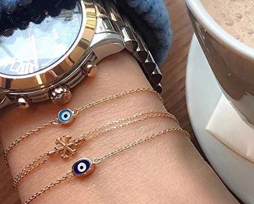 14K Solid Yellow Gold Evil Eye Bracelet for Women - Dainty Protection Jewelry, Handmade Adjustable Chain for Good Luck & Positive Energy - Perfect for Gifts, Meditation & Everyday Wear