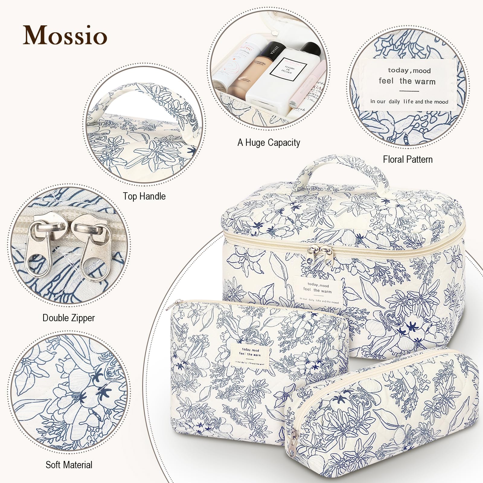Mossio Large Floral Quilted Cotton Makeup Bag - Cute Cosmetic Organizer for Women & Girls, Travel Toiletry Pouch, Navy Blue - Perfect for Travel, Gym, and Daily Beauty Essentials