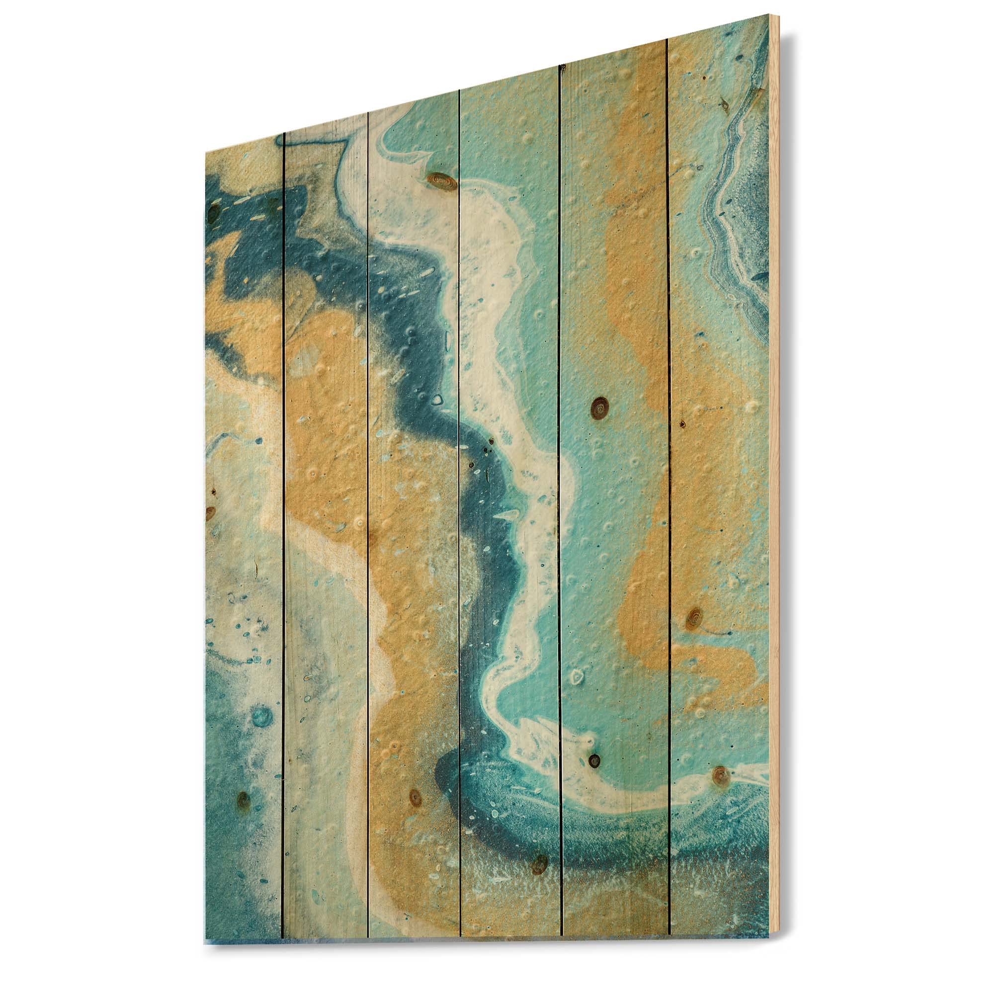 Abstract Marble Wood Wall Art - Blue & Yellow Modern Decor for Living Room