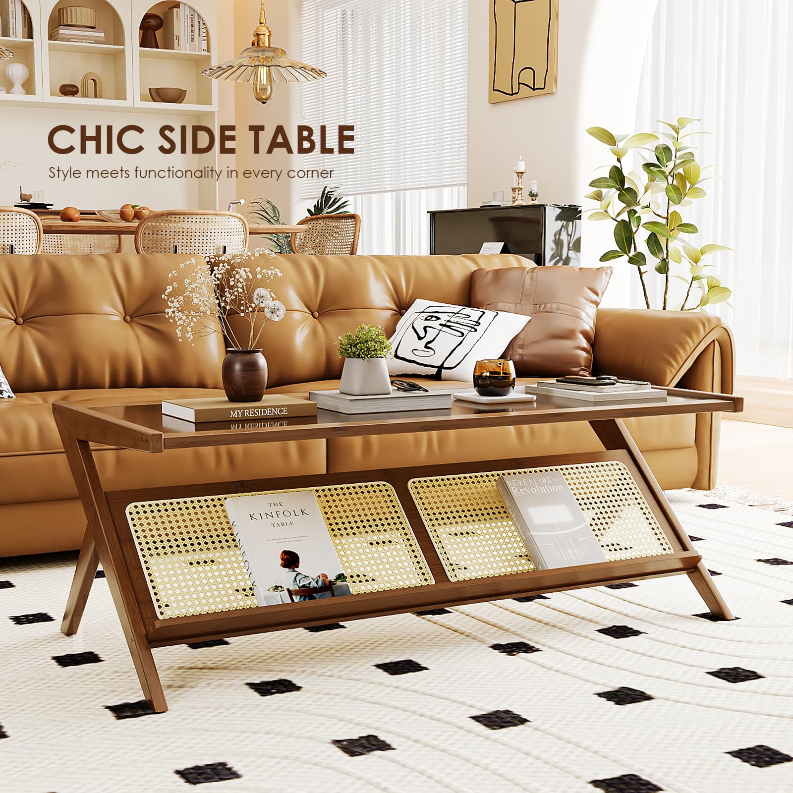 Mid-Century Modern Coffee Table with Glass Top & Rattan Storage - Brown Living Room Center Table for Home Decor, Small Space & Cozy Gatherings