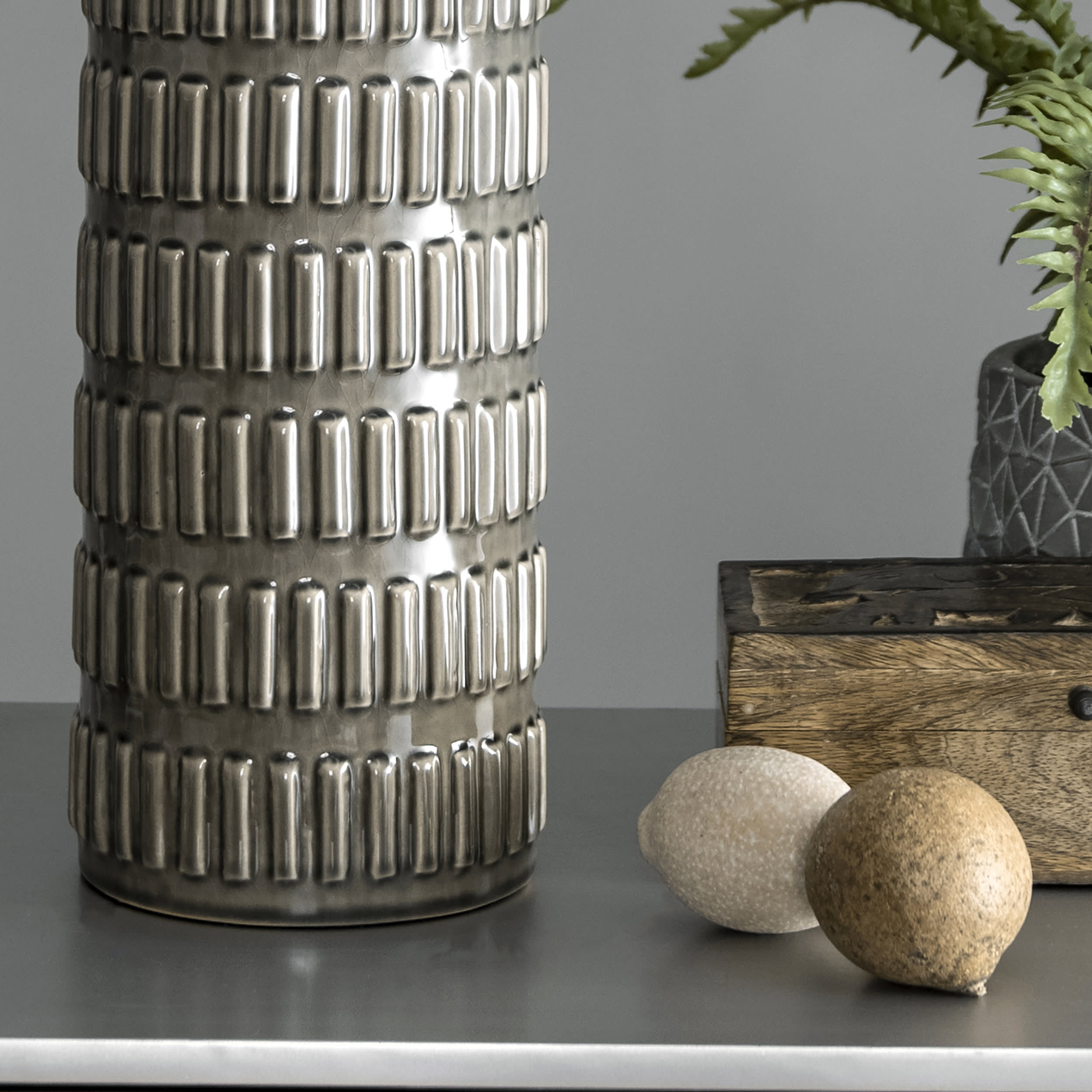25 Inch Tangela Ridged Ceramic Table Lamp - Modern Grey Home Decor for Living Room, Bedroom & Office Lighting