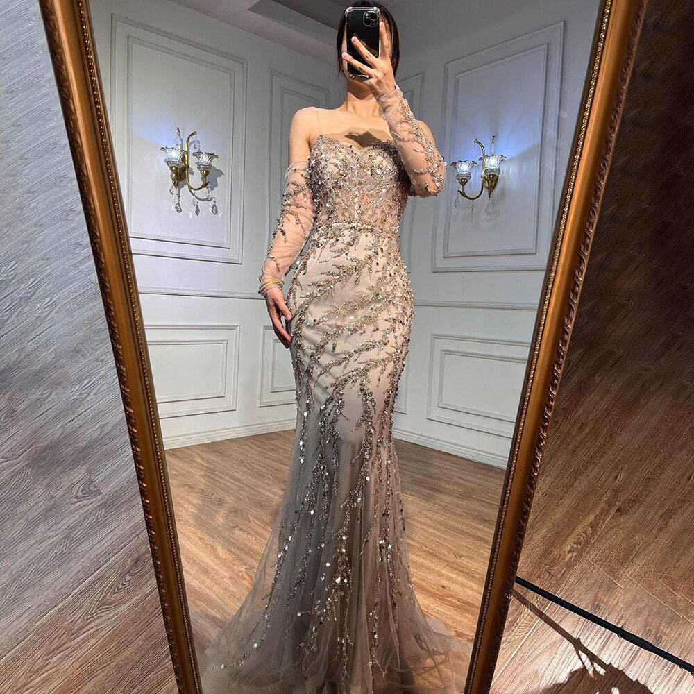 Elegant Blue Boat Neck Long Sleeve Mermaid Evening Dress for Women - 2025 Formal Gown for Wedding, Party & Special Occasions | LA71653C | Perfect for Prom, Cocktail Events & Black Tie Galas