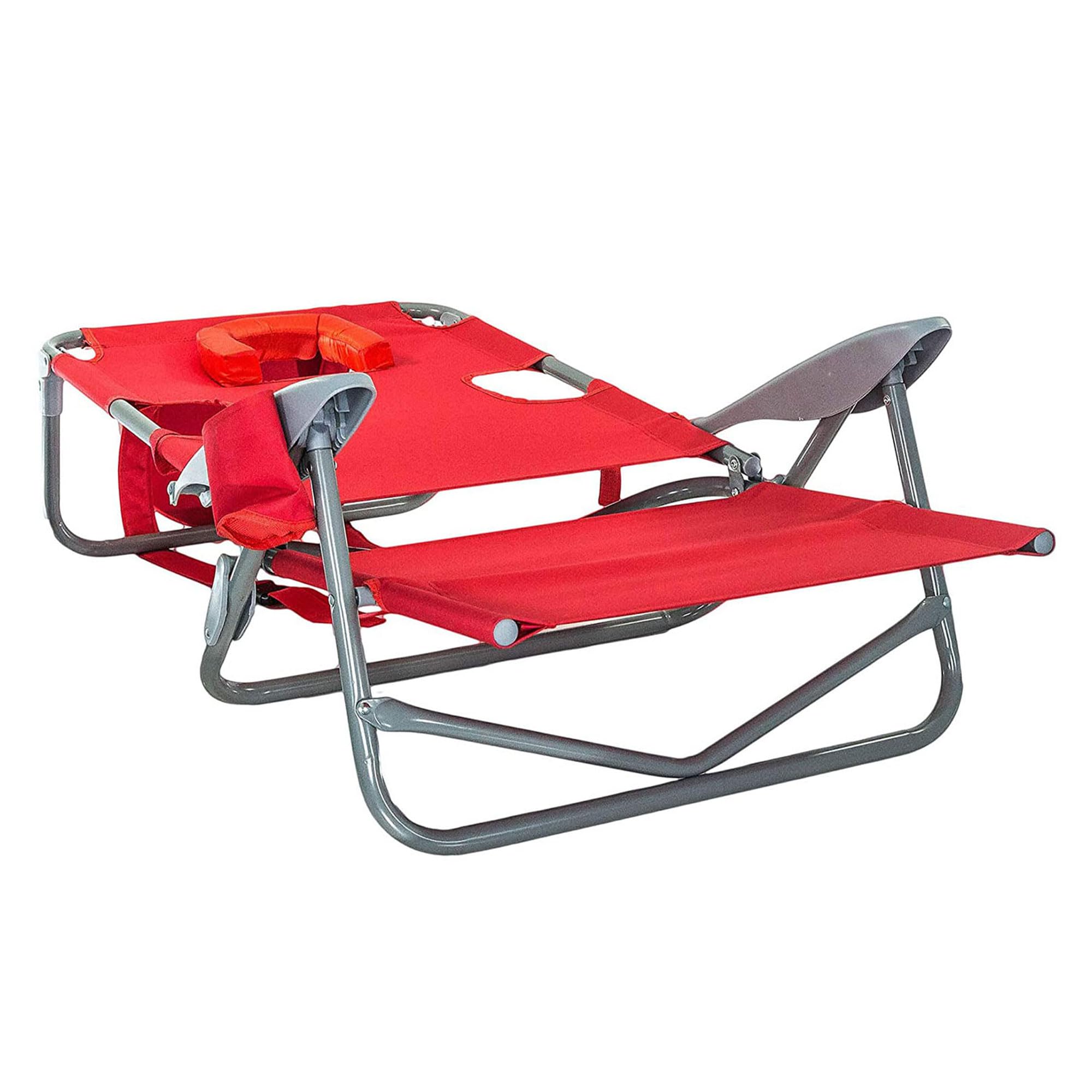 Ostrich Chaise Folding Steel Frame Beach Lounger - 5 Position Adjustable Reclining Outdoor Camping Lawn Chair with Portable Carry Strap - Perfect for Beach, Poolside, Backyard & Picnic (Red)