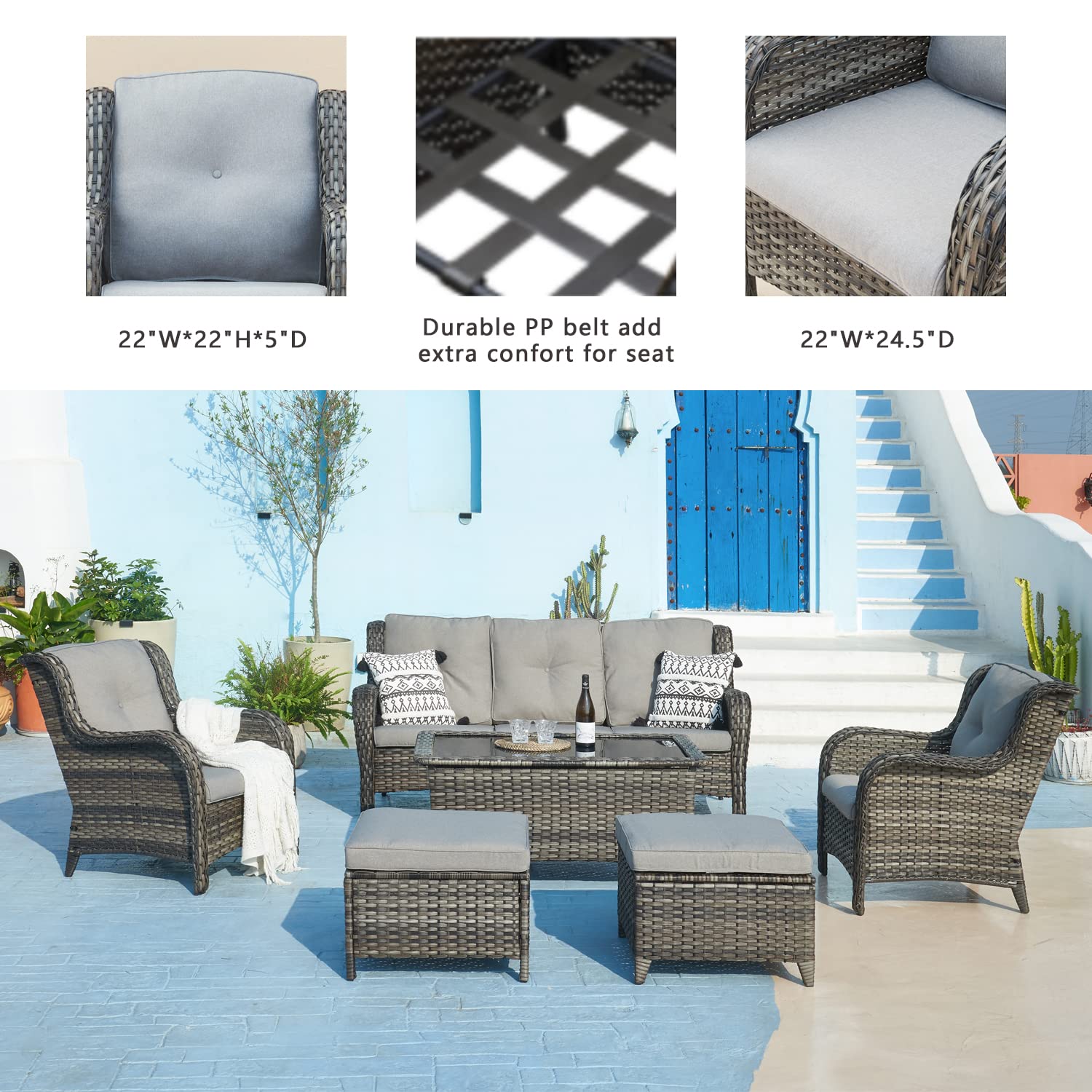6-Piece Outdoor Patio Wicker Furniture Set - Rattan Sectional Sofa with 3-Seat Couch, 2 Armchairs, 2 Ottomans & Glass Coffee Table - Grey Patio Conversation Set for Backyard, Garden or Poolside Relaxation