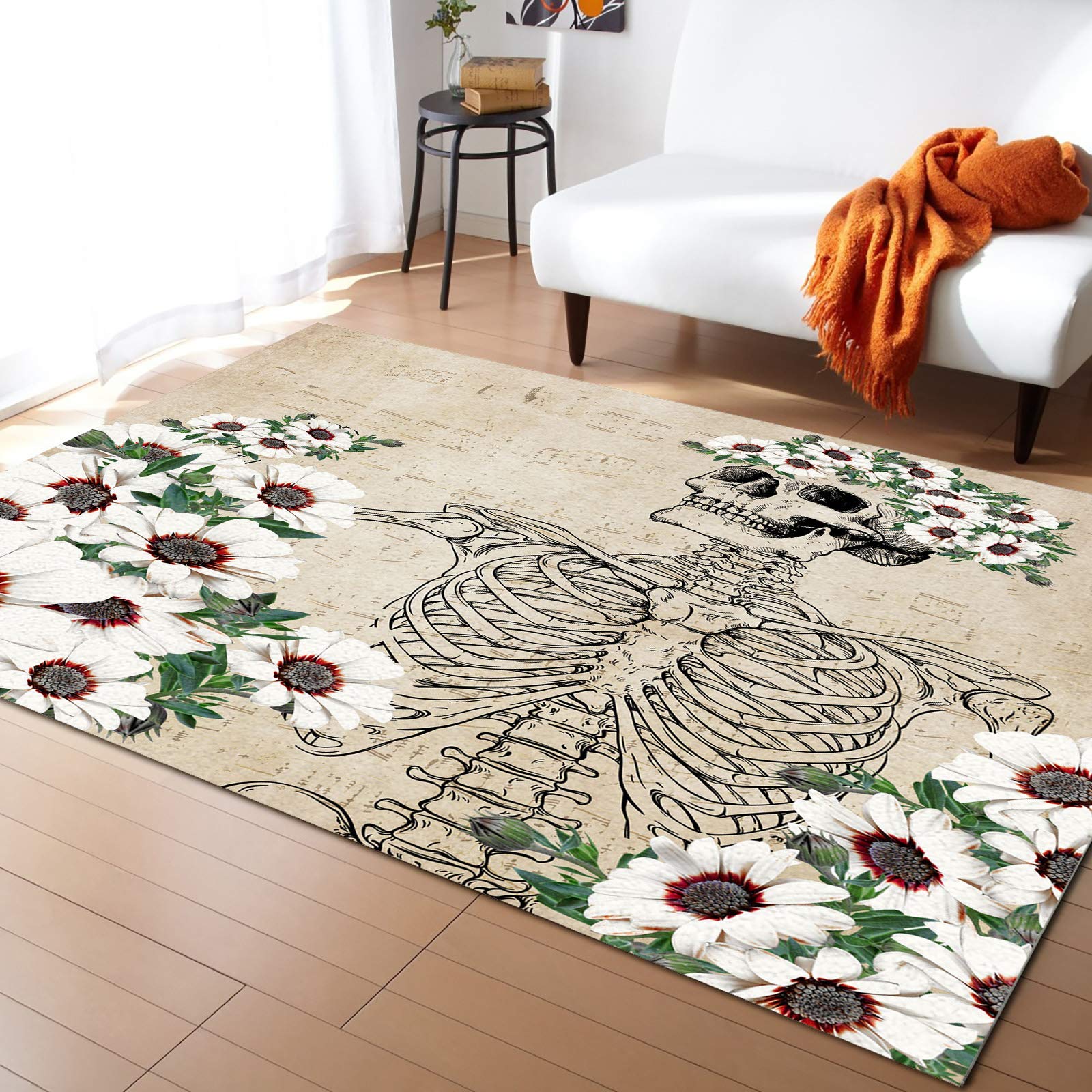 3'x5' White Floral Skeleton Area Runner Rug - Vintage Brown Washable Indoor/Outdoor Carpet for Kitchen, Living Room, Bathroom, Bedroom, Classroom & Laundry Room | Non-Slip Welcome Doormat & Desk Floor Mat for Home Decor