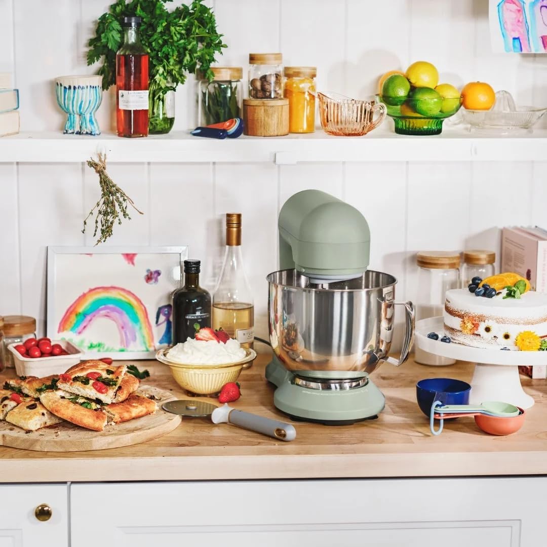 **Drew Barrymore 5.3 Qt Stand Mixer with Tilt-Head - Lightweight, Powerful 300W Motor, 12 Speed Settings - Includes Beater, Whisk, Dough Hook & Splash Guard - Perfect for Baking Cakes, Cookies & Bread (Sage Green)**
