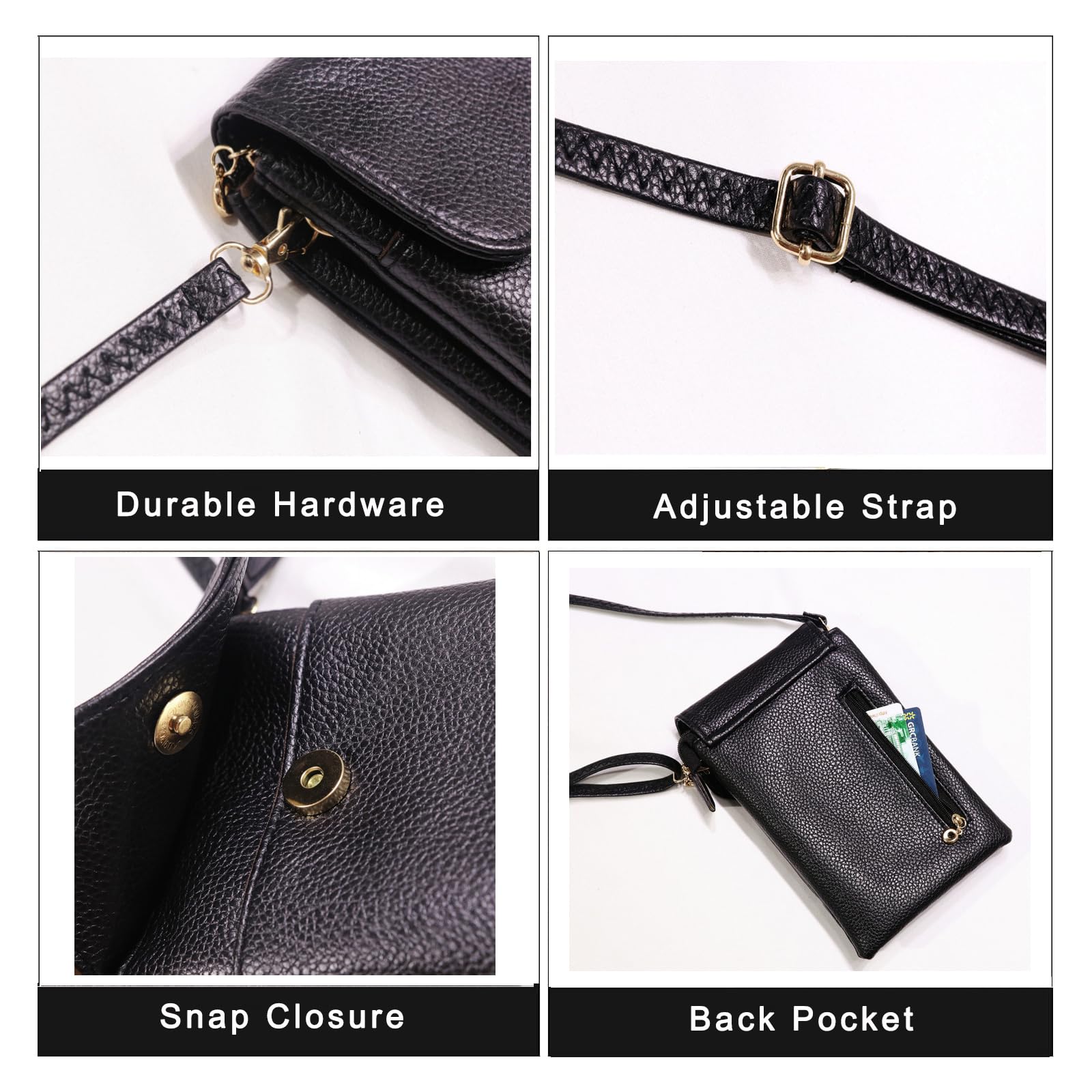 WITERY Small Crossbody Bags for Women - PU Leather Mini Phone Purse, Lightweight Black Cell Phone Wallet Pouch - Perfect for Travel, Shopping & Everyday Use