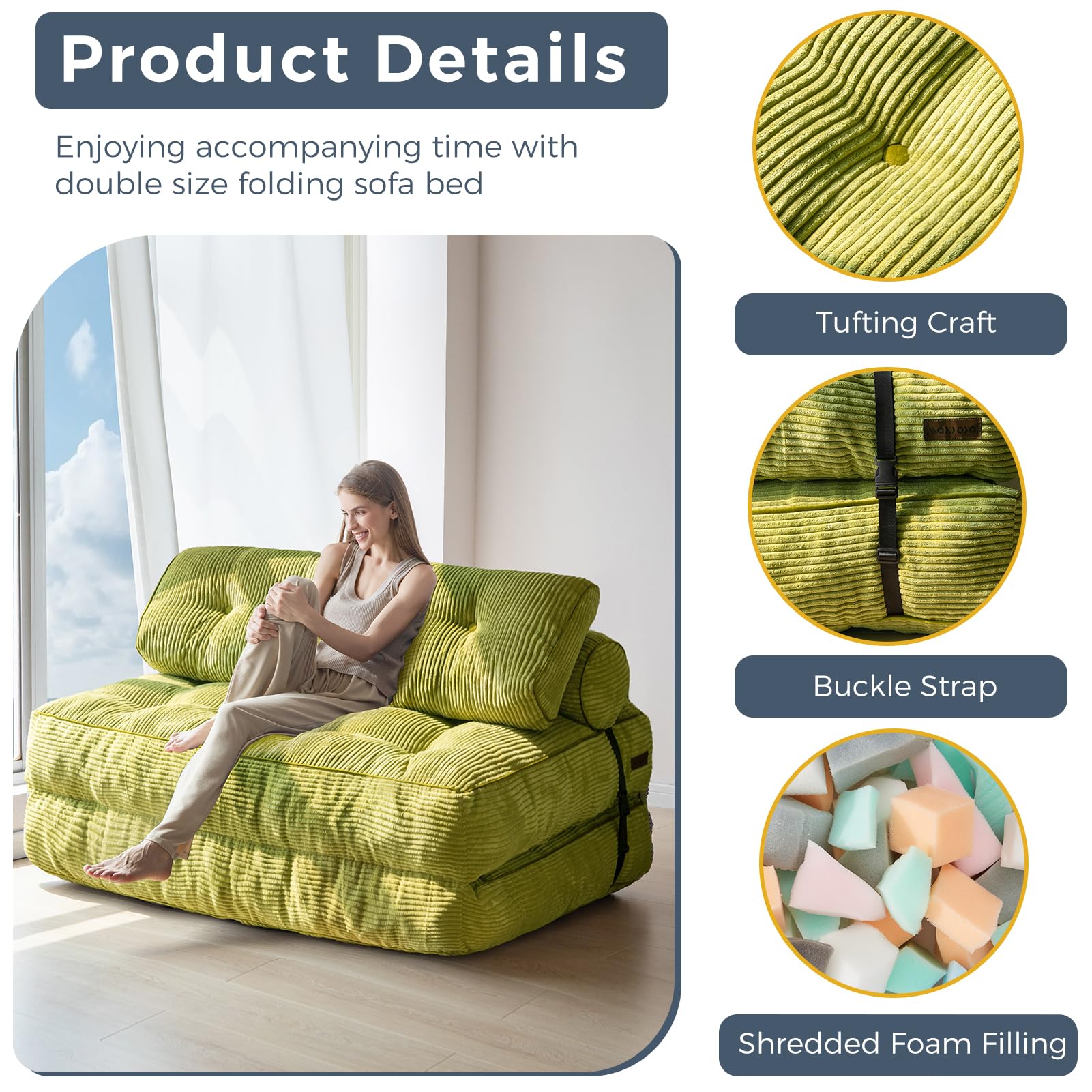 MAXYOYO Convertible Folding Sofa Bed - Double Size Sleeper Chair with Pillow & Back Support, Foldable Mattress for Small Spaces (Green) - Perfect for Guest Room, Studio Apartments & Living Room Lounging