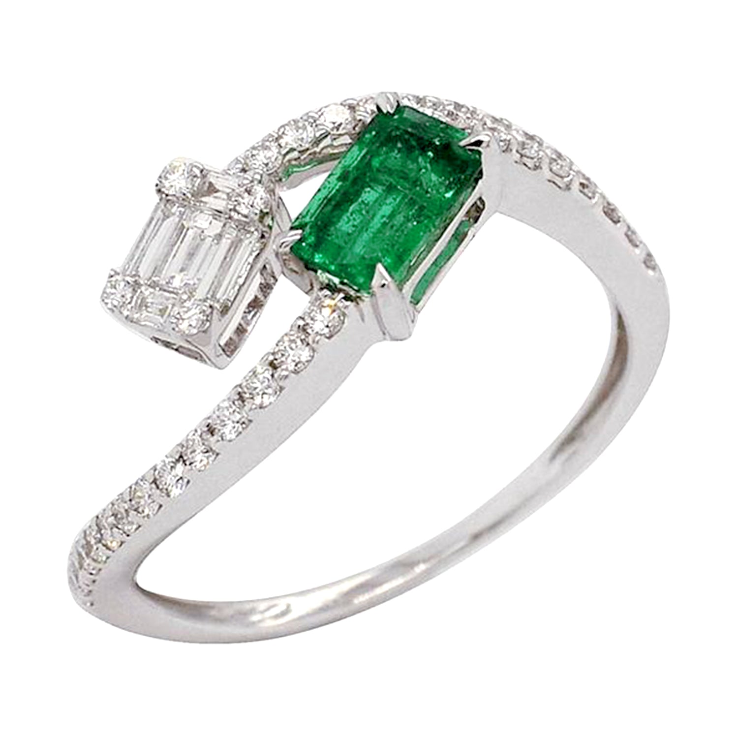 18K White Gold Baguette Emerald and Diamond Between the Finger Ring | Elegant Stackable Ring for Women, Perfect for Weddings, Parties, and Everyday Wear