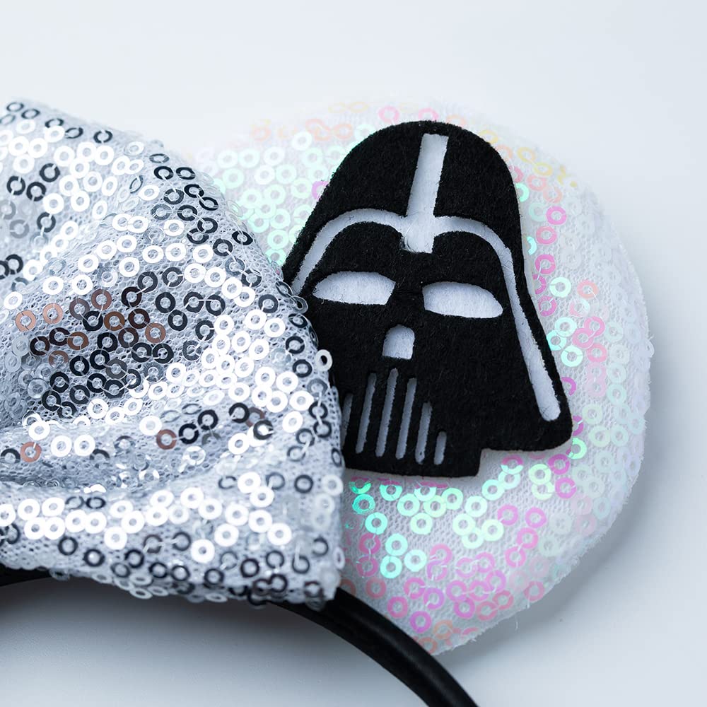 Foeran Shiny Glitter Mouse Ears Headband with Bows - Star Wars Princess Party Costume Accessories for Women & Girls (White) - Perfect for Cosplay, Disney Trips, and Themed Birthday Parties