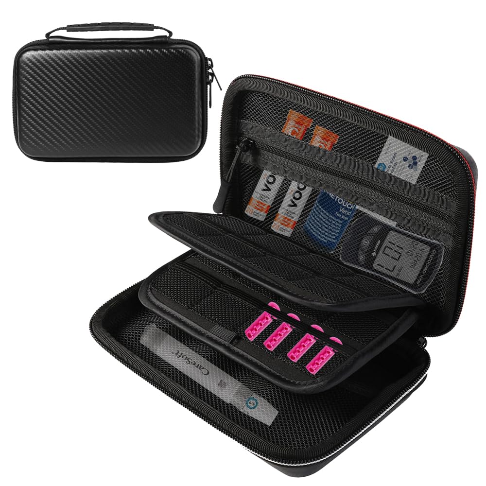Diabetic Travel Organizer Case - Hard Shell Insulin Supply Bag for Glucose Meter, Test Strips, Lancets, Pen Needles & Medications | Compact Medical Storage with Pockets for Pills, Alcohol Wipes & Diabetic Accessories | Perfect for Travel, Daily Use & Emergency Preparedness (Black)