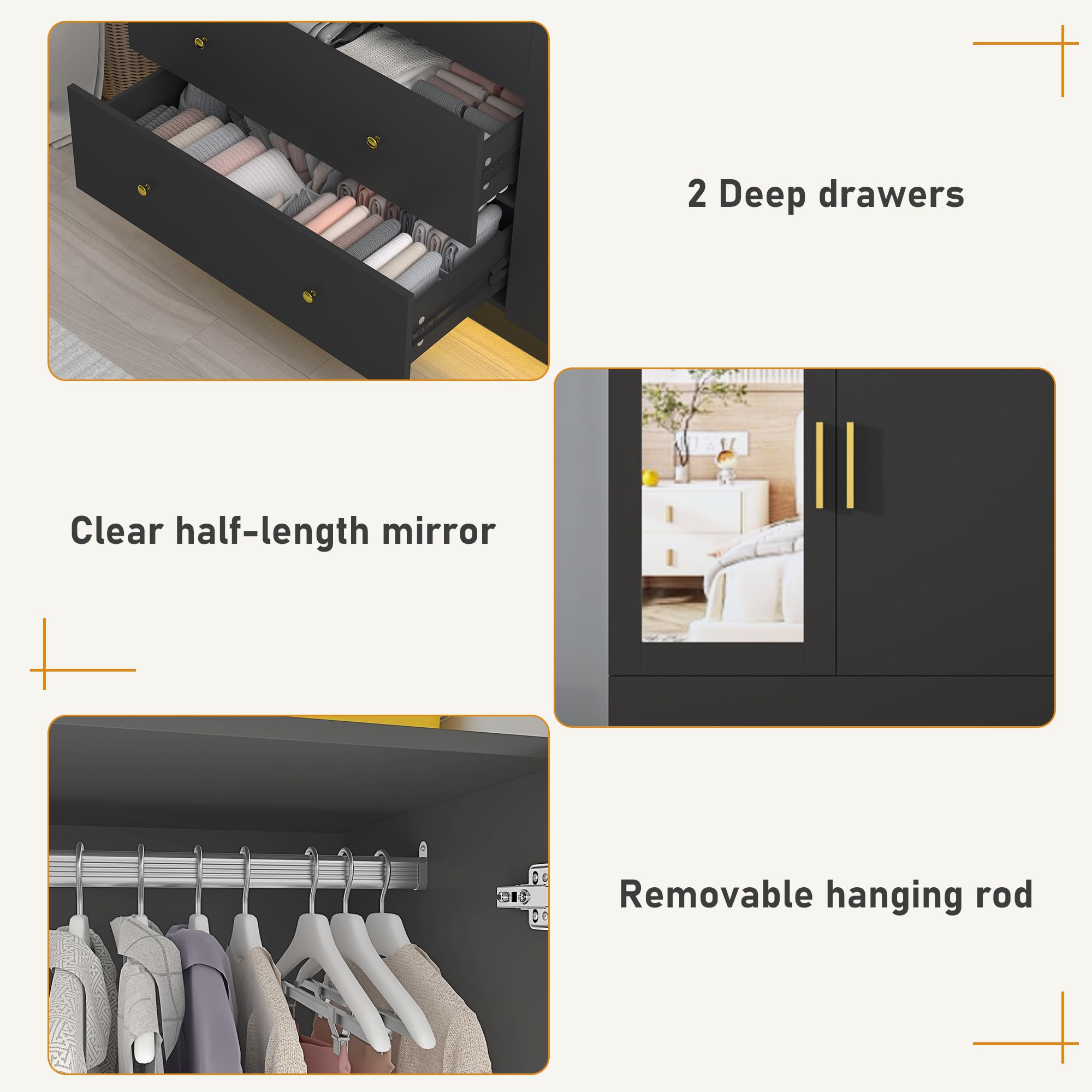 3-Door Armoire Wardrobe Closet with Full-Length Mirror & LED Lighting - Wooden Storage Cabinet with Drawers, Hanging Rod & Adjustable Shelves - Perfect for Bedroom, Closet Organization & Home Decor (Black)