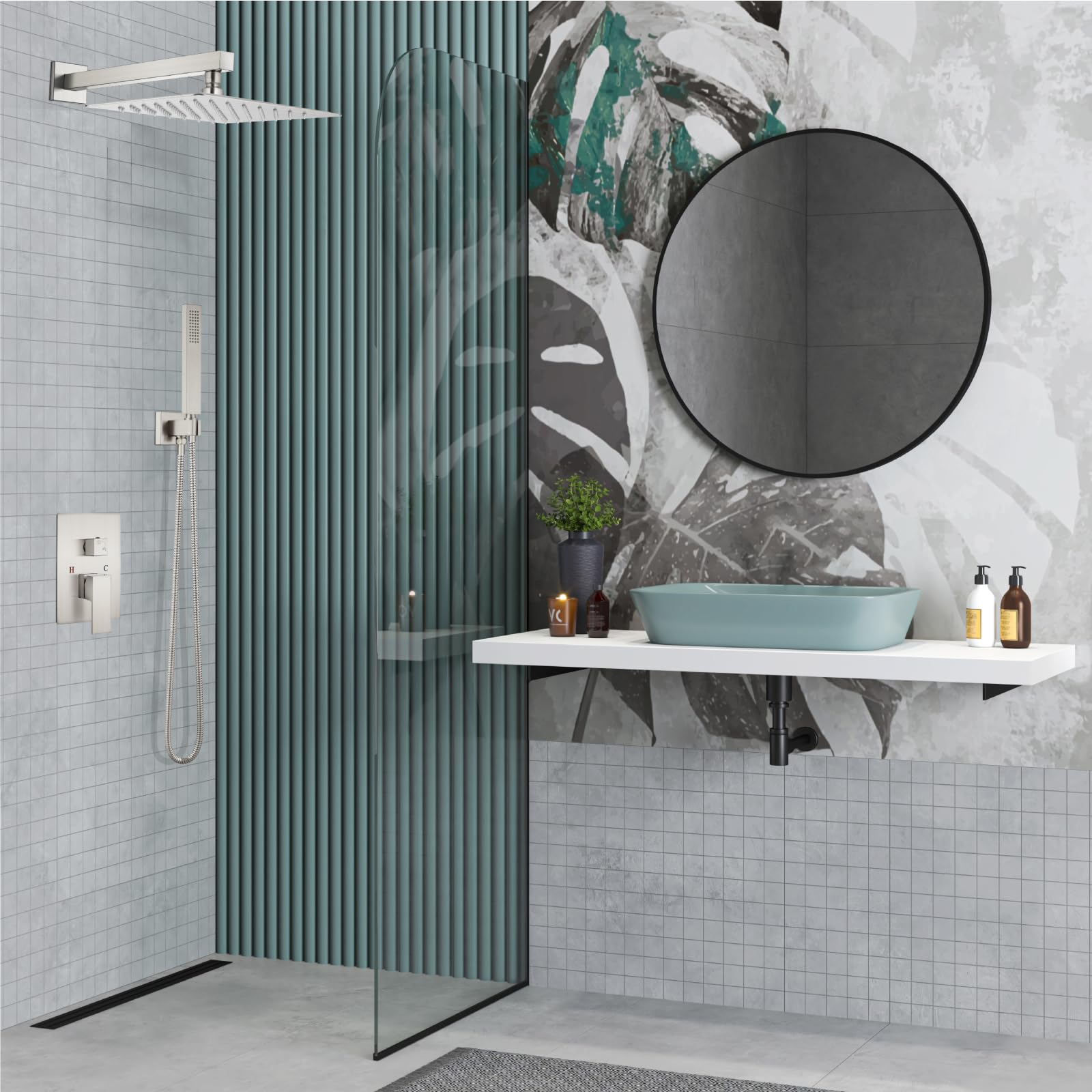 Midanya 12 Inch Square Rainfall Shower System - Brushed Nickel Wall Mount Shower Faucet Set with Handheld Sprayer, Rough-in Valve & Trim Kit - Luxury Bathroom Mixer Shower Combo for Spa-like Experience