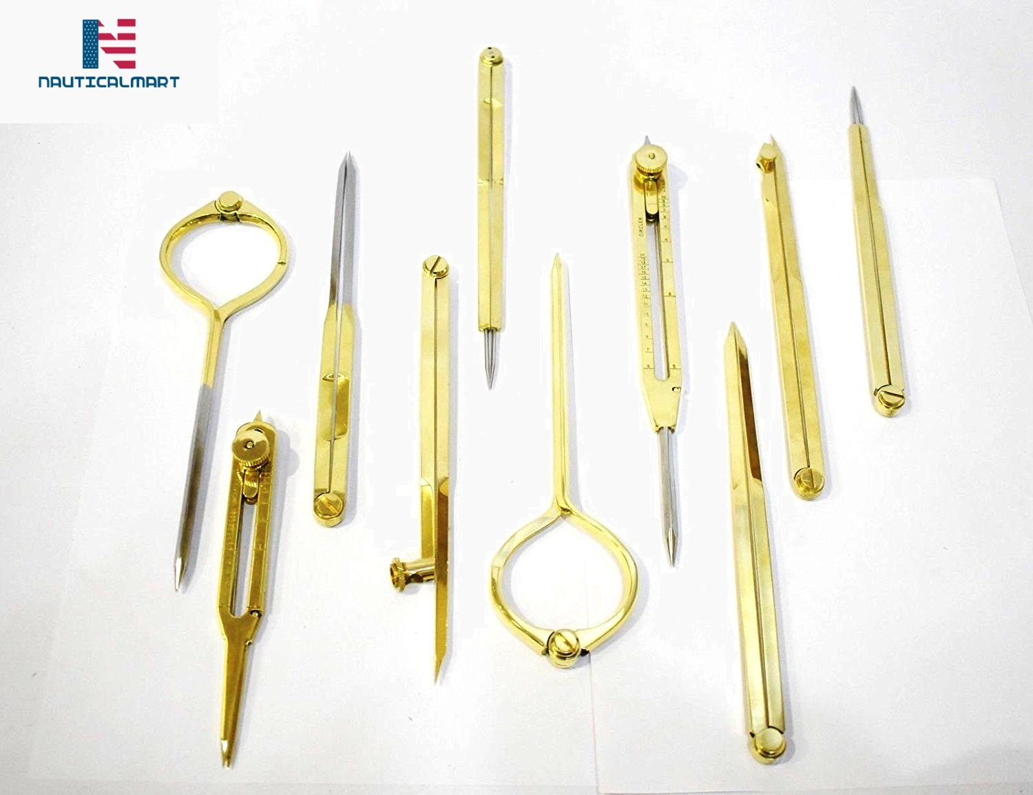 NauticalMart 10-Piece Brass Drafting Tools Set - Precision Scientific Instruments, Dividers & Measuring Tools for Engineers, Architects & Students - Perfect for Technical Drawing, Blueprint Design & School Projects
