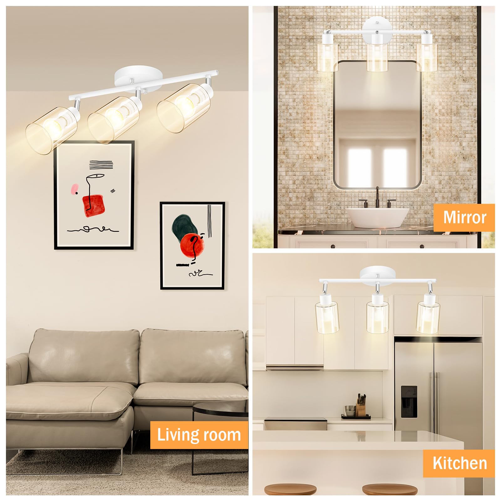 BoostArea 3-Light Modern Bathroom Vanity Light Fixture - White Wall Sconce with Clear Glass Shade, Flexible Ceiling Lighting for Mirror, Kitchen, Living Room, Hallway, Cabinet & Porch - Perfect for Home Decor & Interior Design